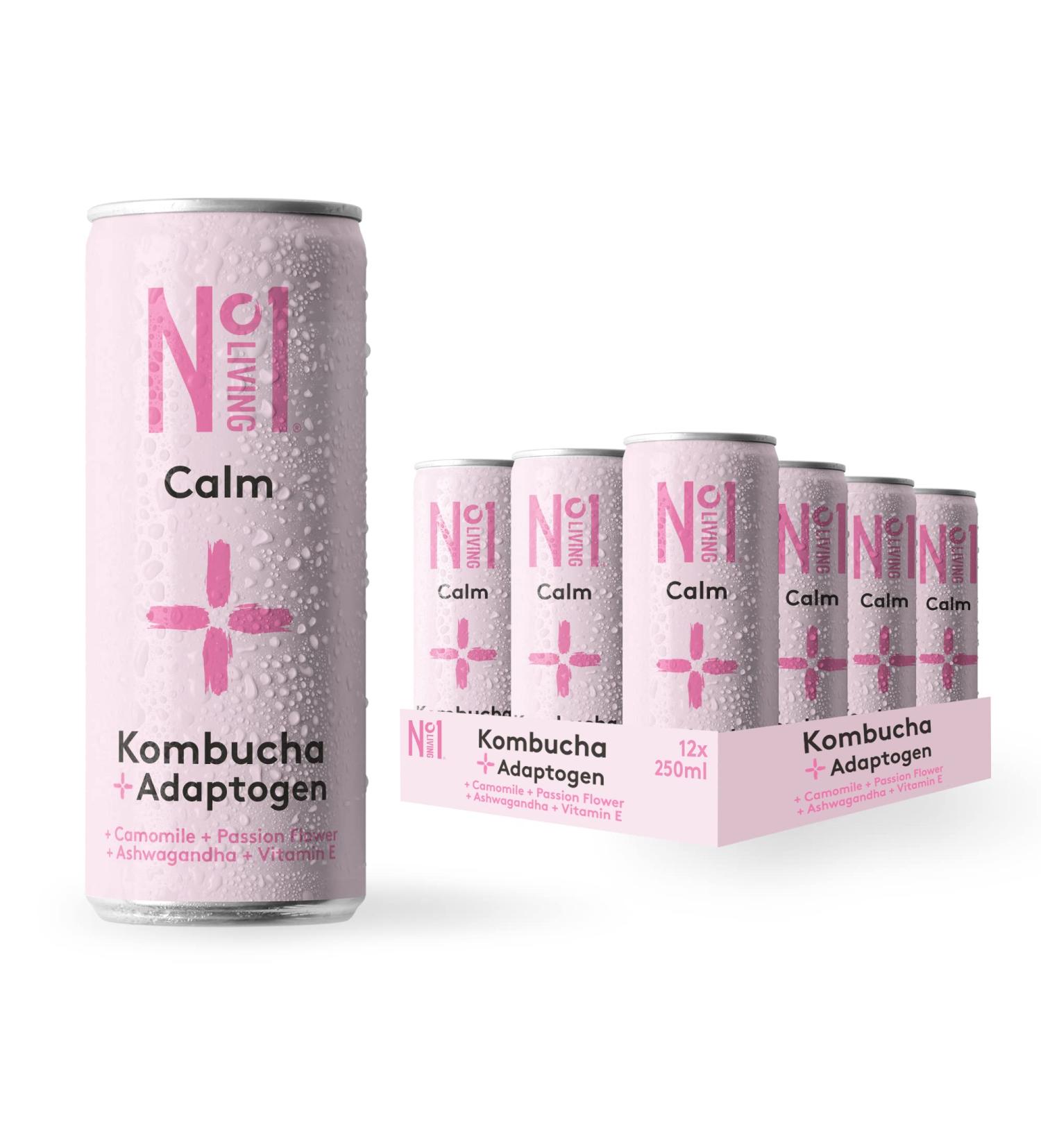 No.1 Living Plus Calm Kombucha Drink Chamomile 24x 250ml Cans Great Tasting Authentically Brewed Kombucha with Live Cultures and Adaptogens Added Ashwagandha - Buy Online on GoSupps.com