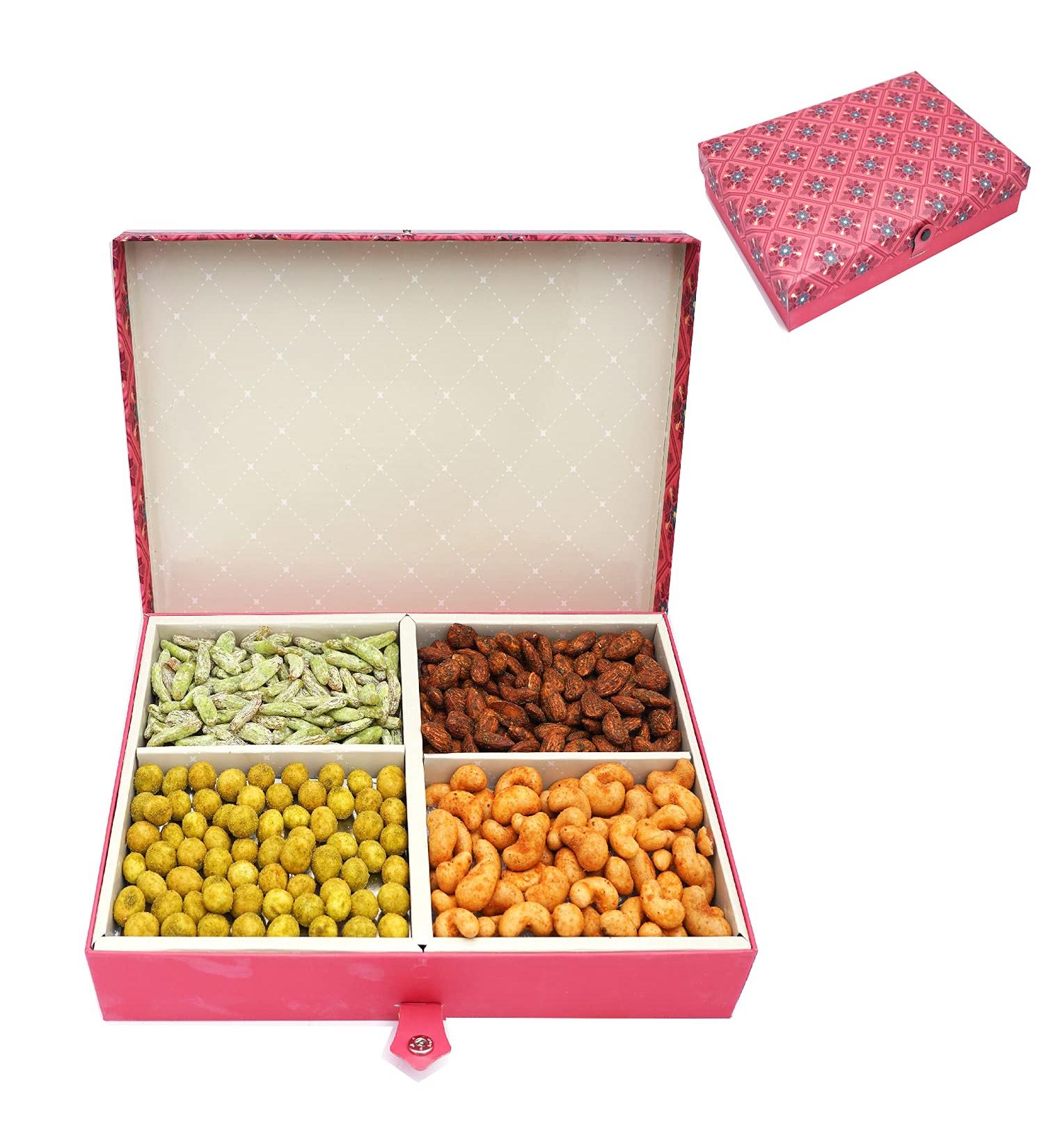 Ghasitaram Gifts Diwali Gifts Red 4 Part Flavoured Nuts Box 600 GMS - Buy Online on GoSupps.com