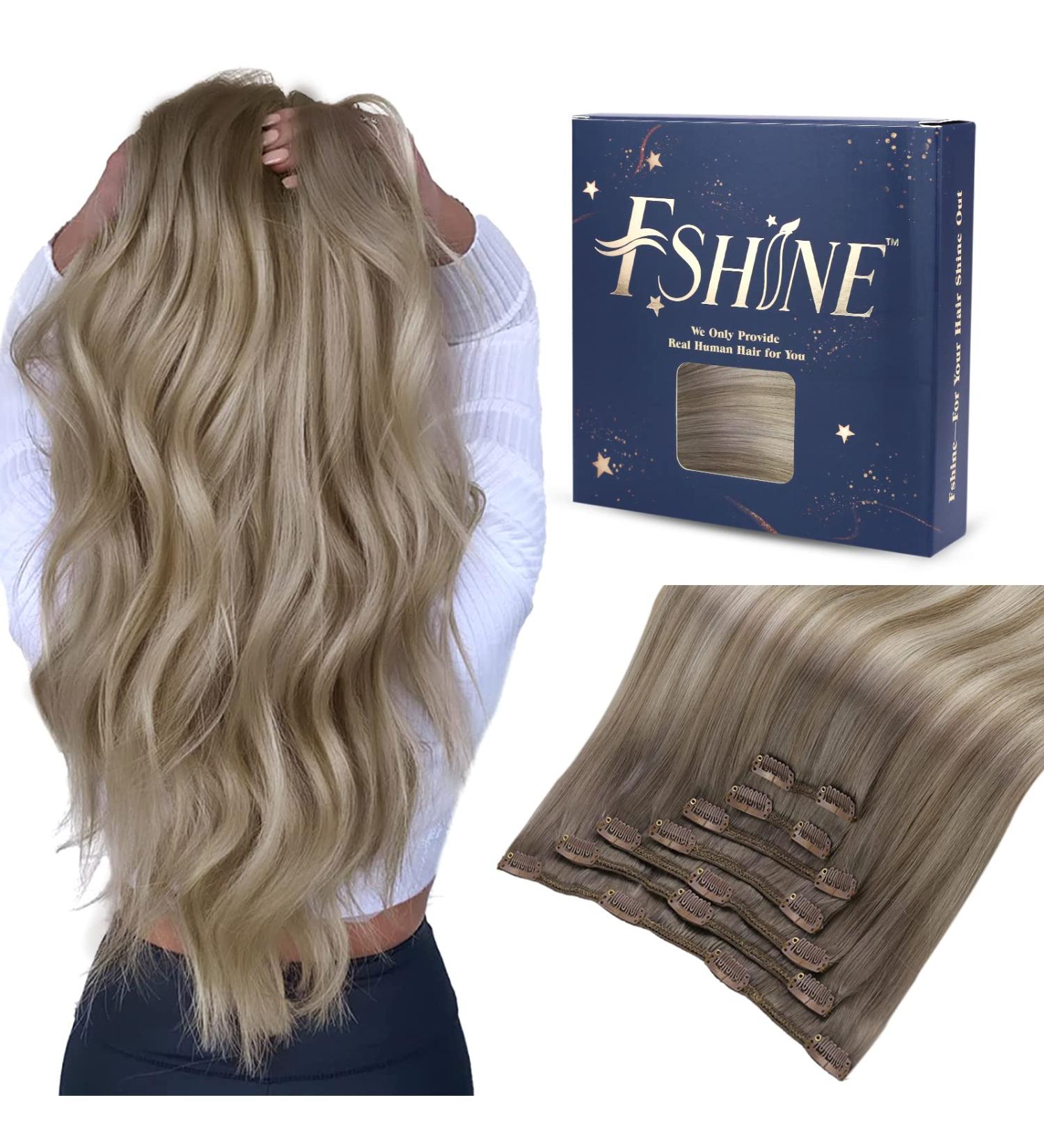 Buy FSHINE Real Hair Clip-In Extensions 50cm 20 Inch - Walnut Brown to Ash Brown & Bleach Blonde - 120g 7 Pieces #19/8/60 - Buy Online on GoSupps.com