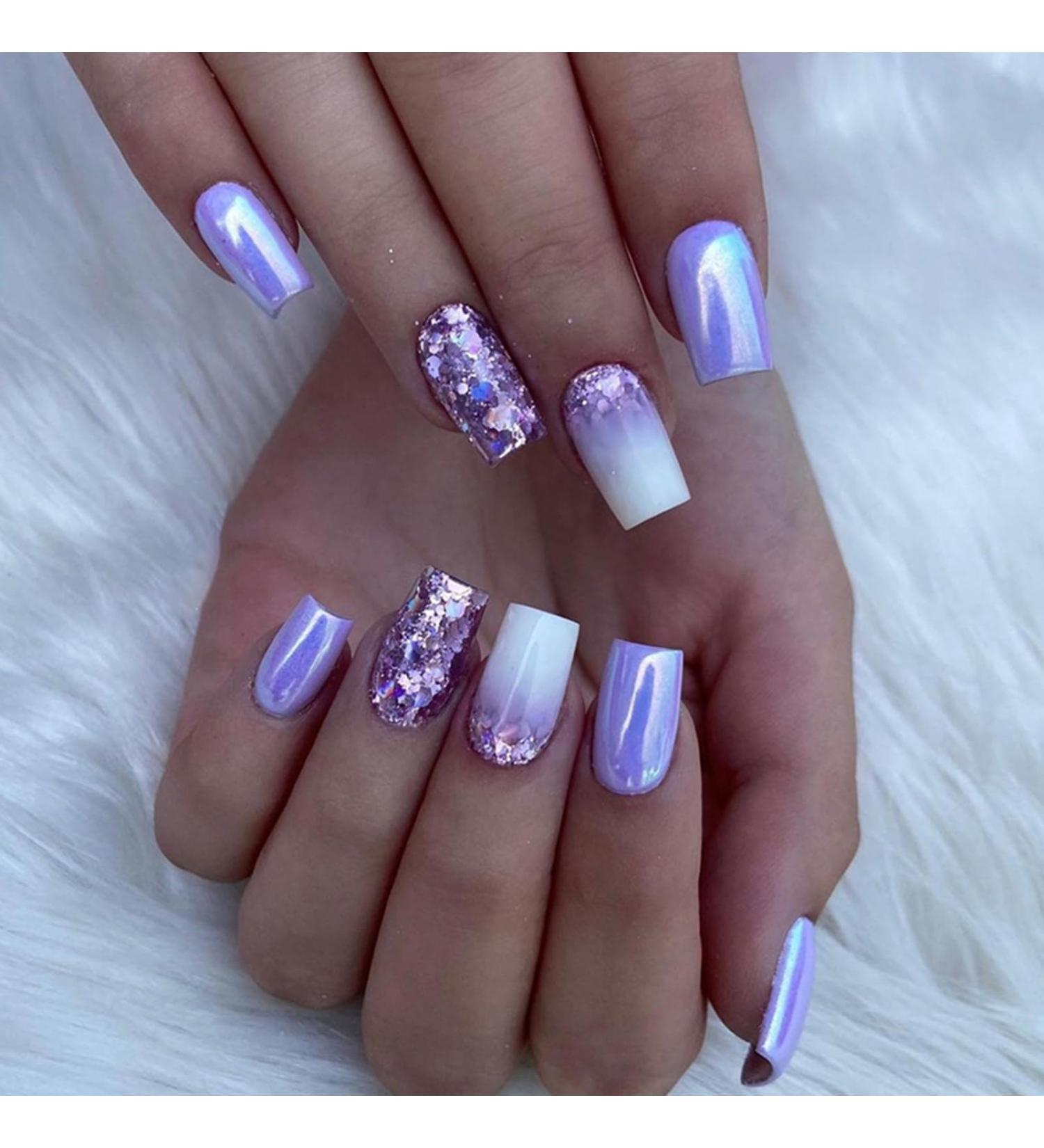 24Pcs Purple Glossy Short Square French Tips Press on False Nails for Women - Removable Adhesive Tabs Included - Buy Online on GoSupps.com