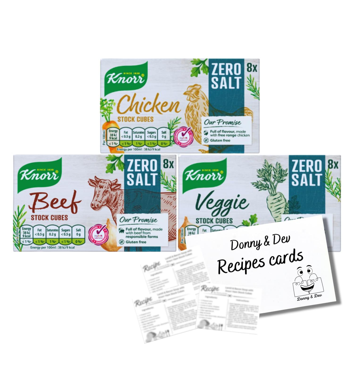 Stock Cube Bundle Salt Free Knorr No Salt (Gluten Free) Chicken Stock Cubes (8x10g) Beef Stock Cubes (8x10g) Vegetable Stock (8x10g) & Inspirational Cooking Recipes Donny & Dev - Buy Online on GoSupps.com