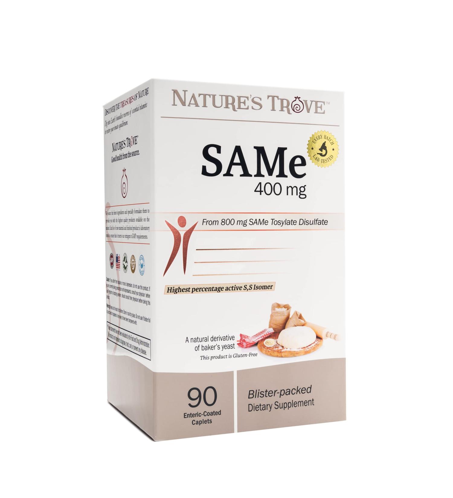 Nature's Trove SAM-e 400mg - 90 Enteric Coated Caplets | Vegan, Kosher, Non-GMO | Soy and Gluten Free - Cold Form Blister Packed - Buy Online on GoSupps.com