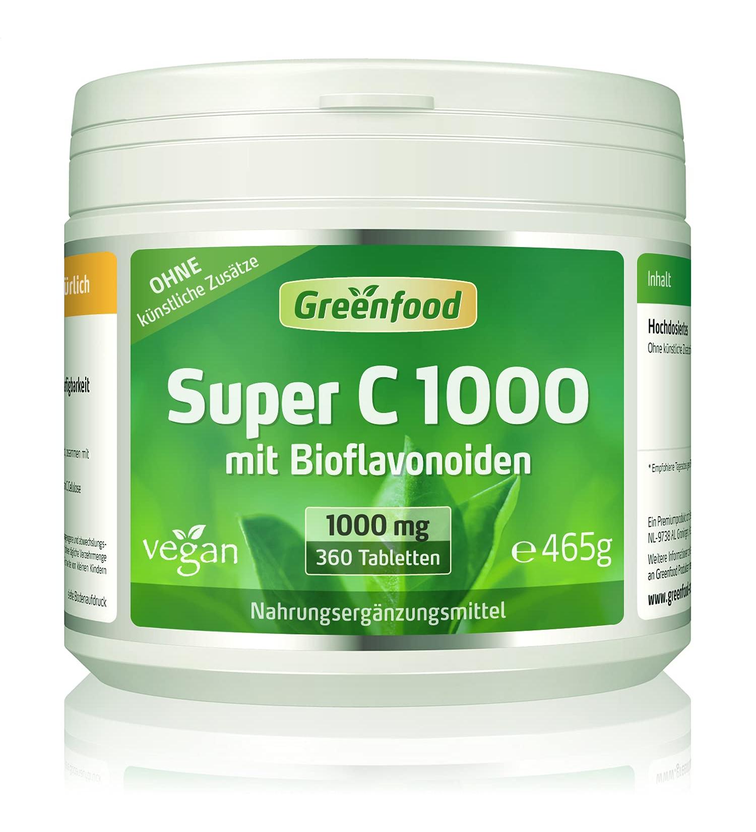 Greenfood Super C - 1000 mg Vitamin C 360 Tablets with Acerola | Vegan High Dose Immune Support Lab Tested No Artificial Additives - Shop Now! - Buy Online on GoSupps.com