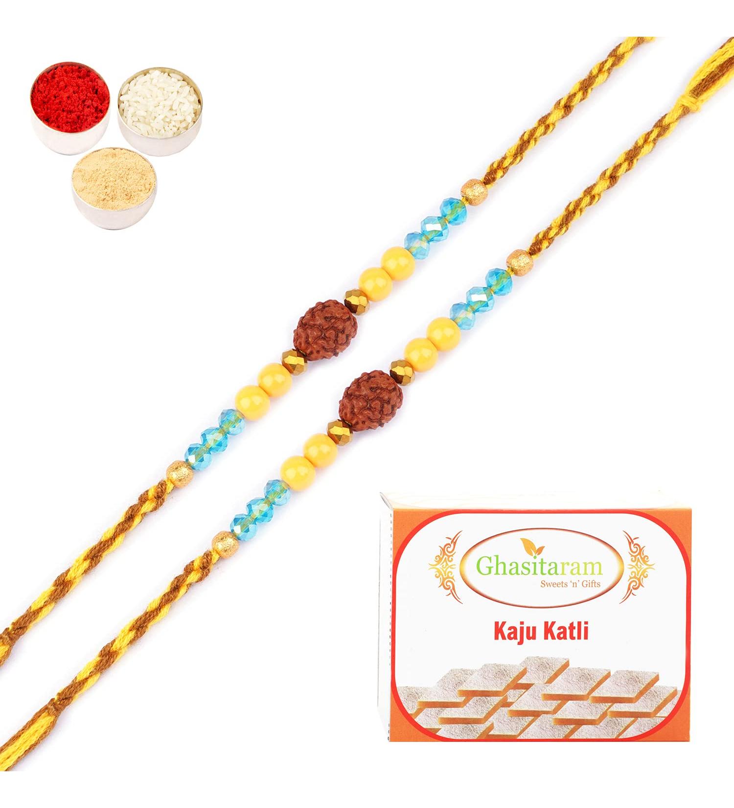 Ghasitaram Gifts Rakhi for Brother Rakhis Online - Set of 2-1906- Rudraksh Rakhi with 200 GMS of Kaju katli - Buy Online on GoSupps.com