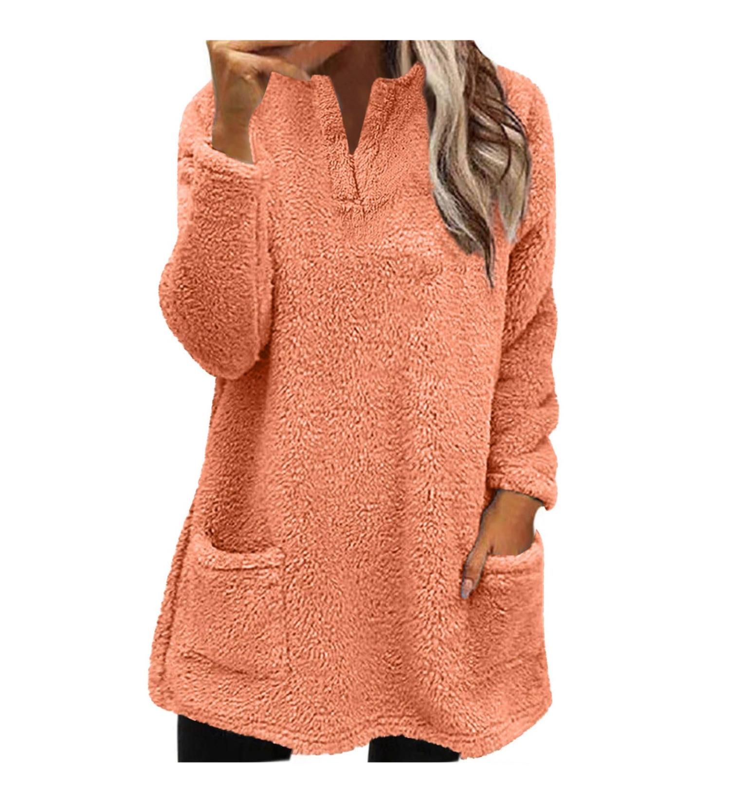 AMhomely Women's Plus Size Double Fleece Hoodie | Soft Teddy Fleece Hooded Jumper | V Neck Sweatshirt | Winter Lounge Top | Orange - Size M - Buy Online on GoSupps.com