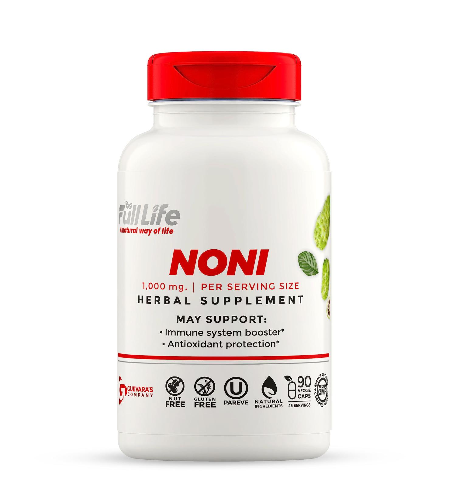 Full Life Noni Capsules - Mulberry Herbal Supplement - Organic Noni Fruit Extract - Morinda Citrifolia - Gluten-Free Kosher - 90 Veggie Capsules 1000mg.