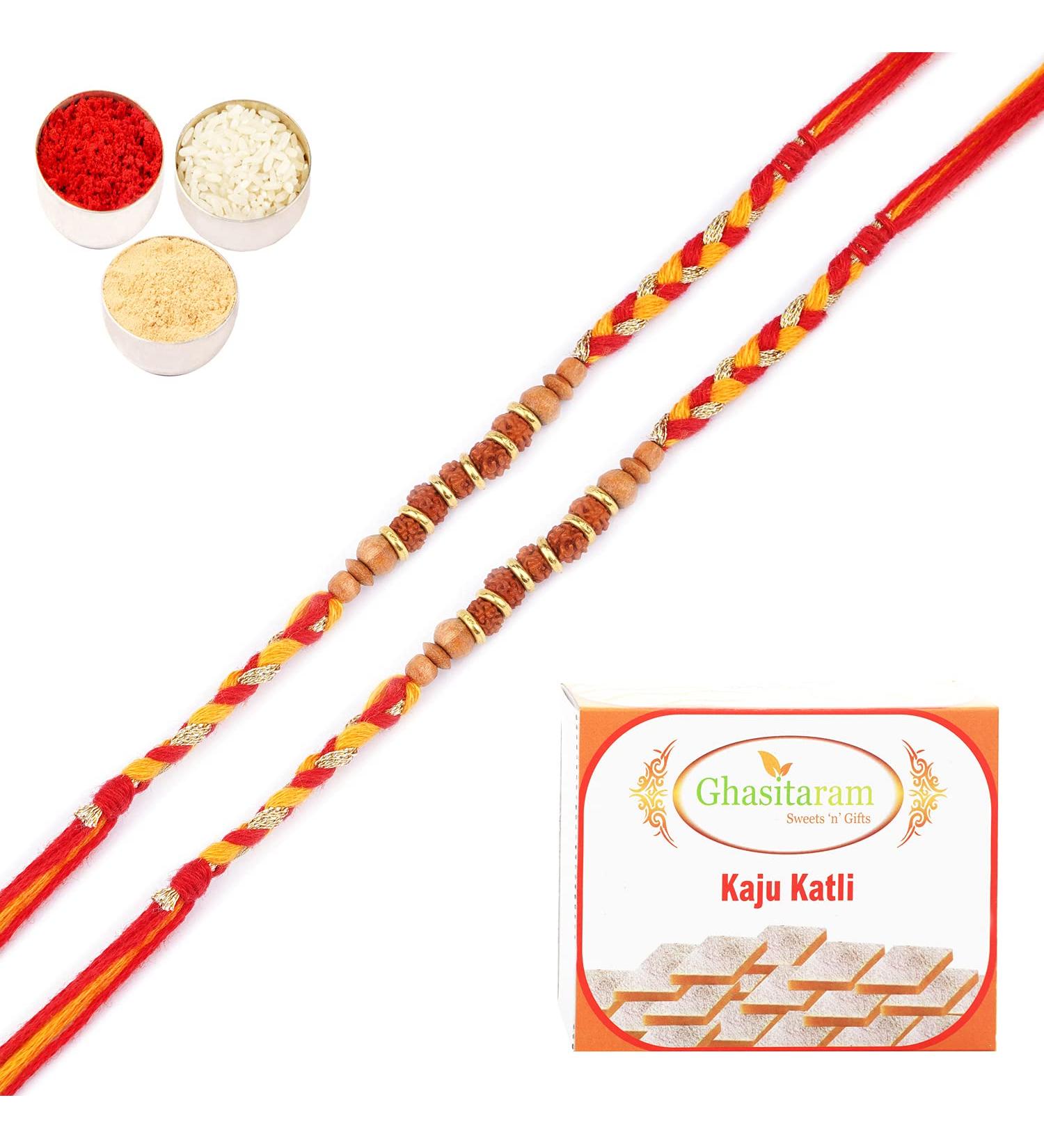 Ghasitaram Gifts Rakhi for Brother Rakhis Online - Set of 2 -LD-5215 Rudraksh Rakhi with 200 GMS of Kaju katli - Buy Online on GoSupps.com