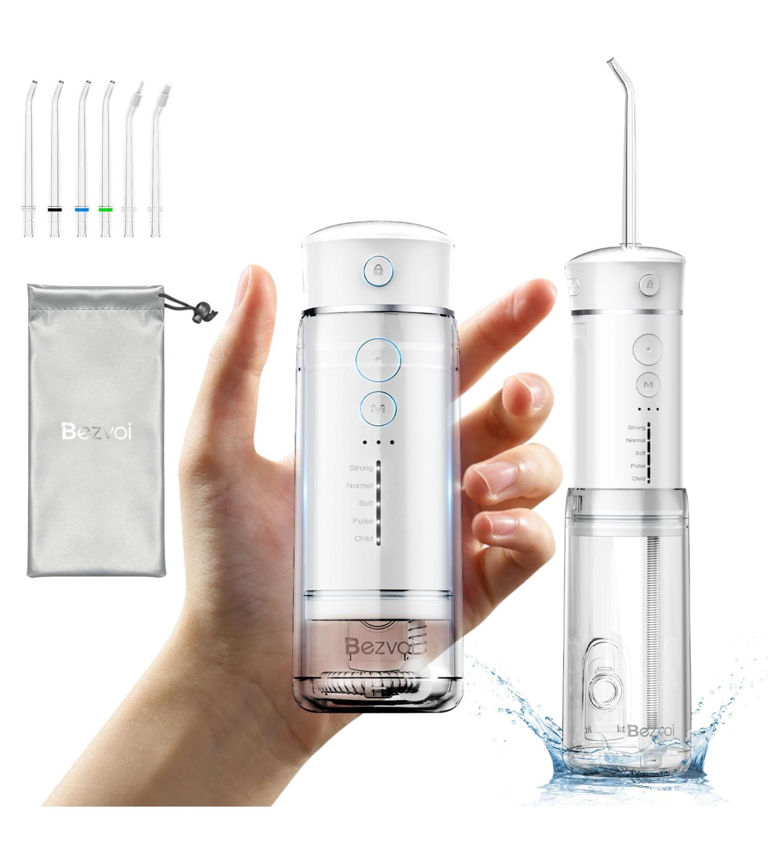 Bezvoi Mini Portable Water Flosser 5 Modes Water Flossers with 6 Tips IPX7 Waterproof Water Floss with Telescopic Water Tank for Home & Travel White - Buy Online on GoSupps.com