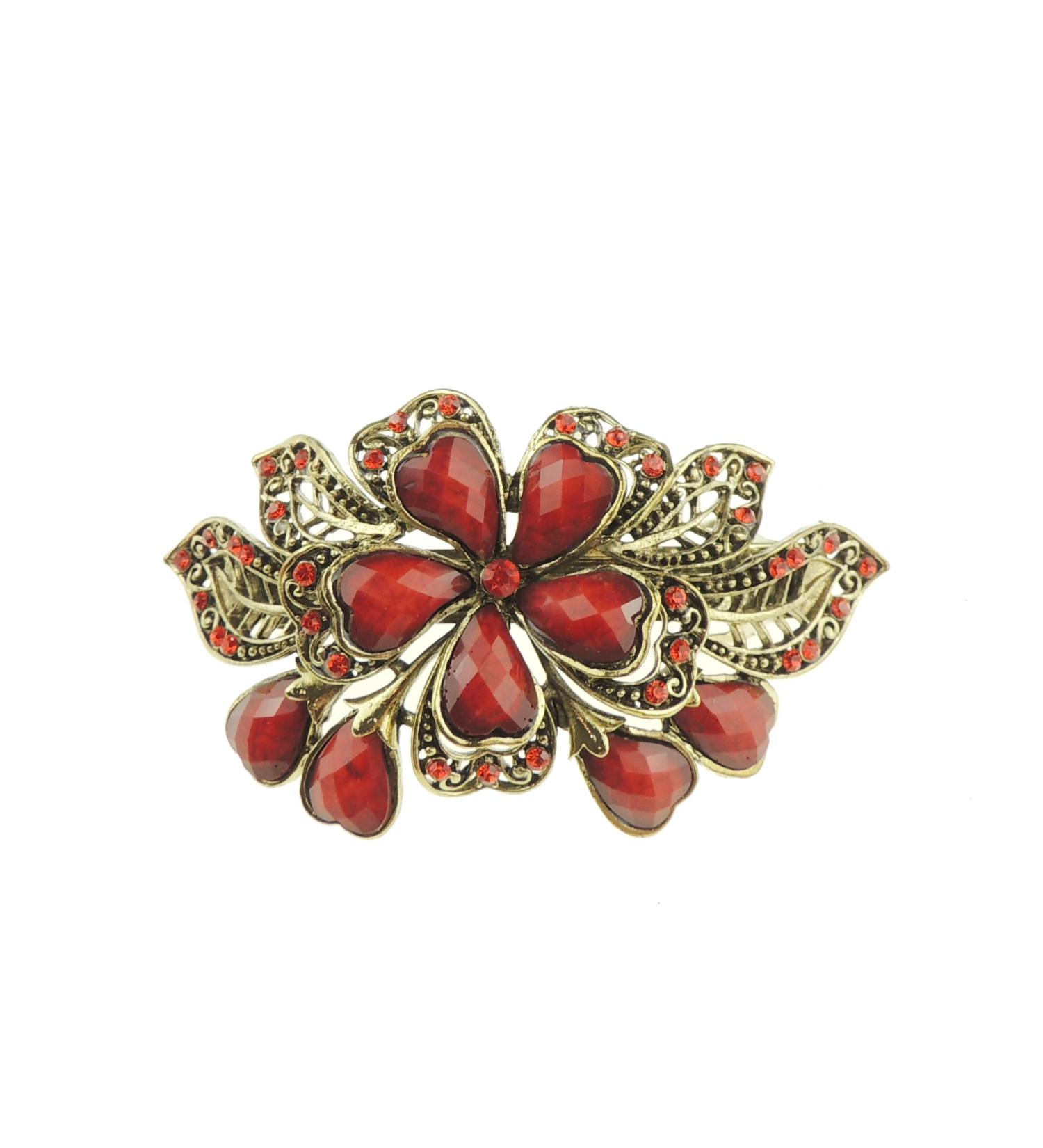 Womens Girls Diamante Crystal Stone Wedding Birthday Party Bridal Wedding Ponytail Fine Hair Accessories Occasion Barrette Hairpin Grip French Spring Clip Vintage Look Gold Tone Metal Floral Rose Red