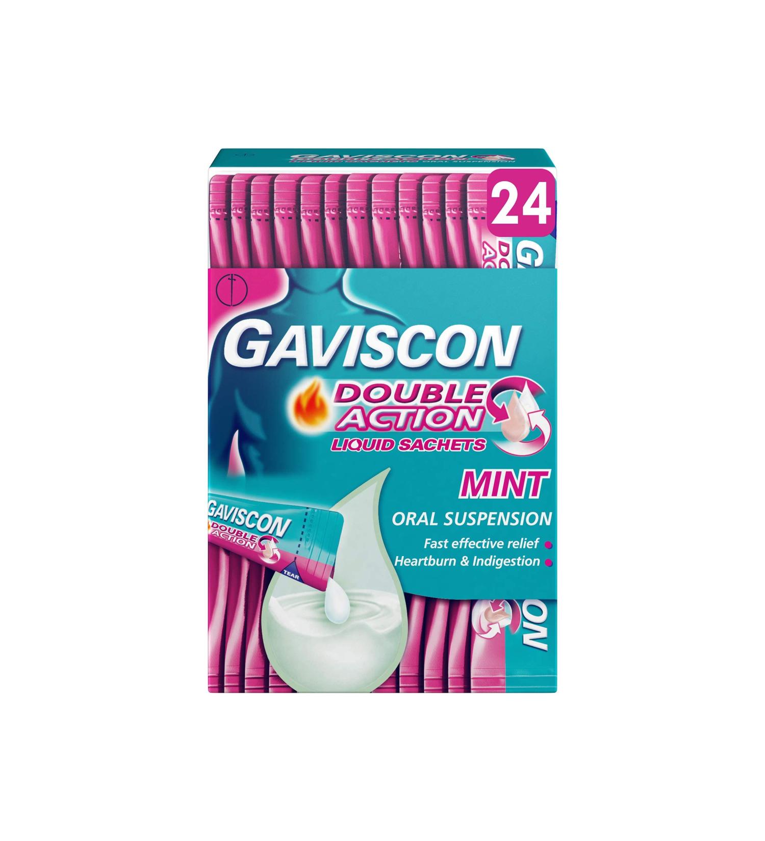 Gaviscon Double Action Mint Flavour Sachets 24x10ml - 4 Hour Heartburn & Indigestion Relief - Buy Online on GoSupps.com
