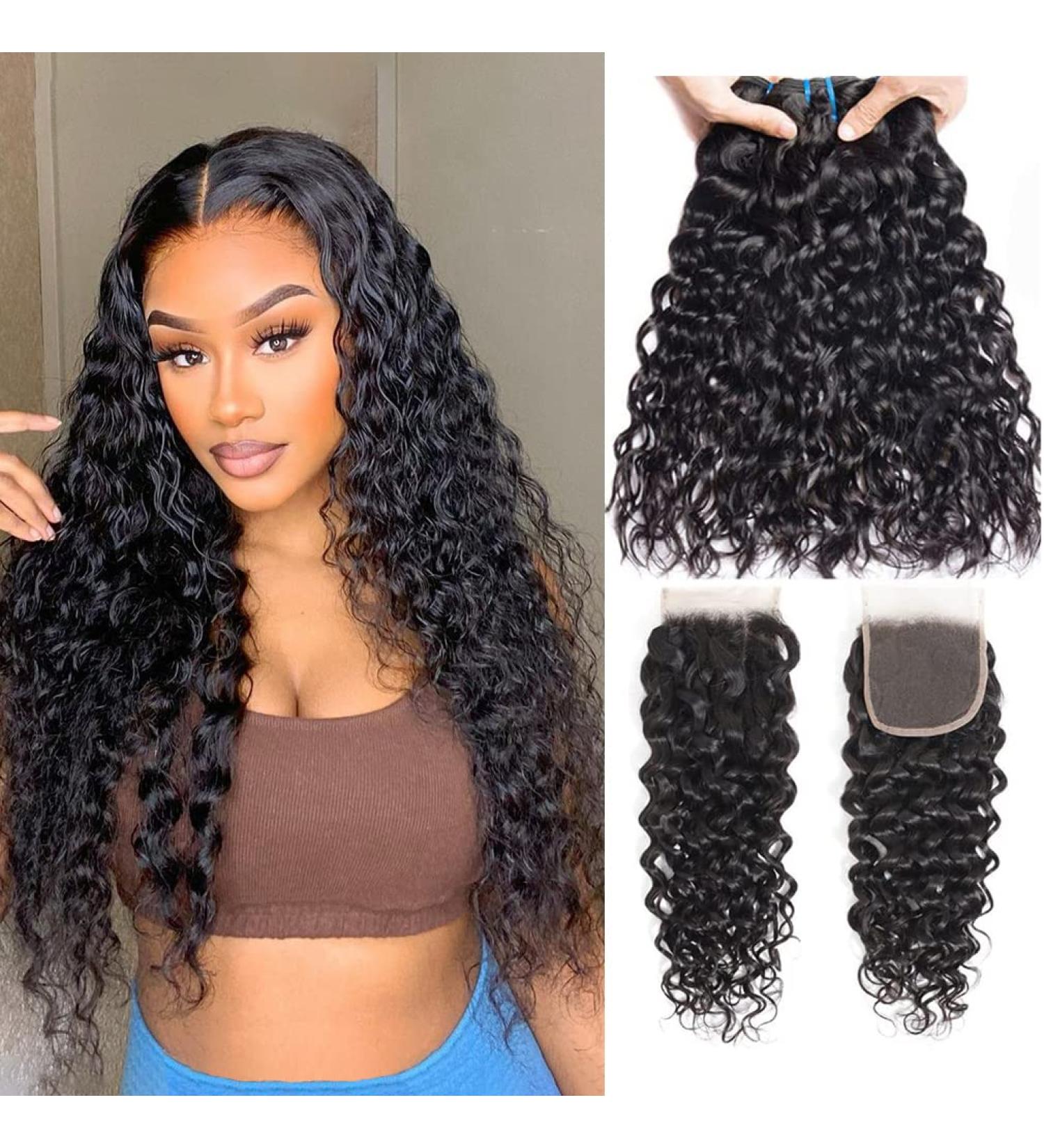 Brazilian Water Wave Bundles with Closure - 14 16 18 + 14 inch Free Part Unprocessed Human Hair - Buy Online on GoSupps.com