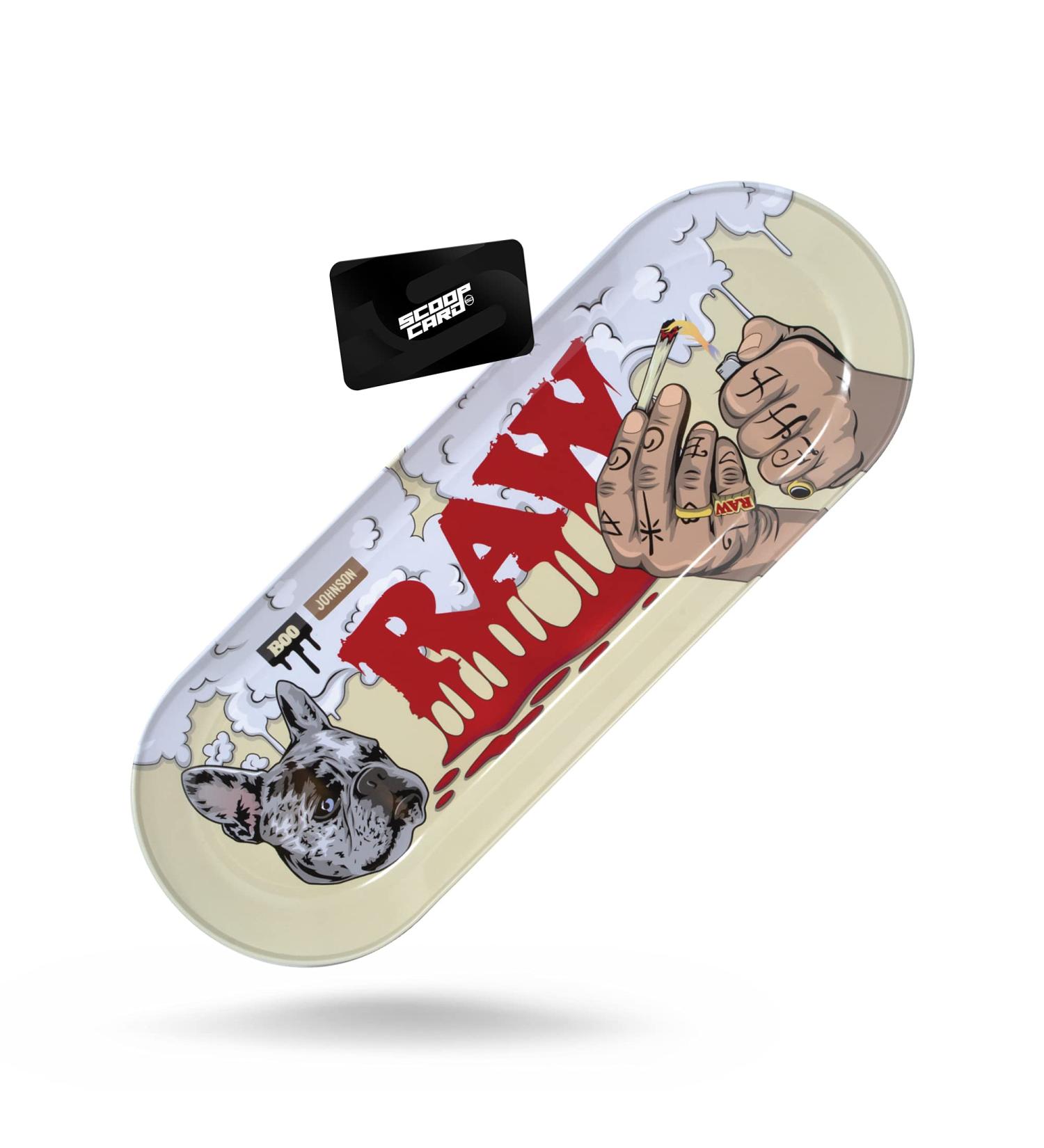 RAW X Boo Johnson Skate Deck Tray Large Rolling Tray | Skateboard Shaped Rolling Tray with Curved Edges to Keep Material on Your Tray and not Your Lap