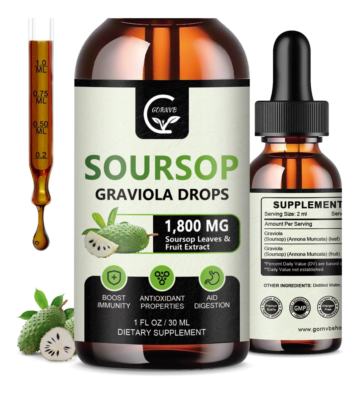 (2 Pack) Soursop Graviola Liquid Drops 1800mg 98% Absorption Soursop Bitters Liquid for Cell Support & Regeneration Immune Boost Relax Liver and Sleep Herbal Goodness Gluten Free 1 Fl Oz Natural - Buy Online on GoSupps.com
