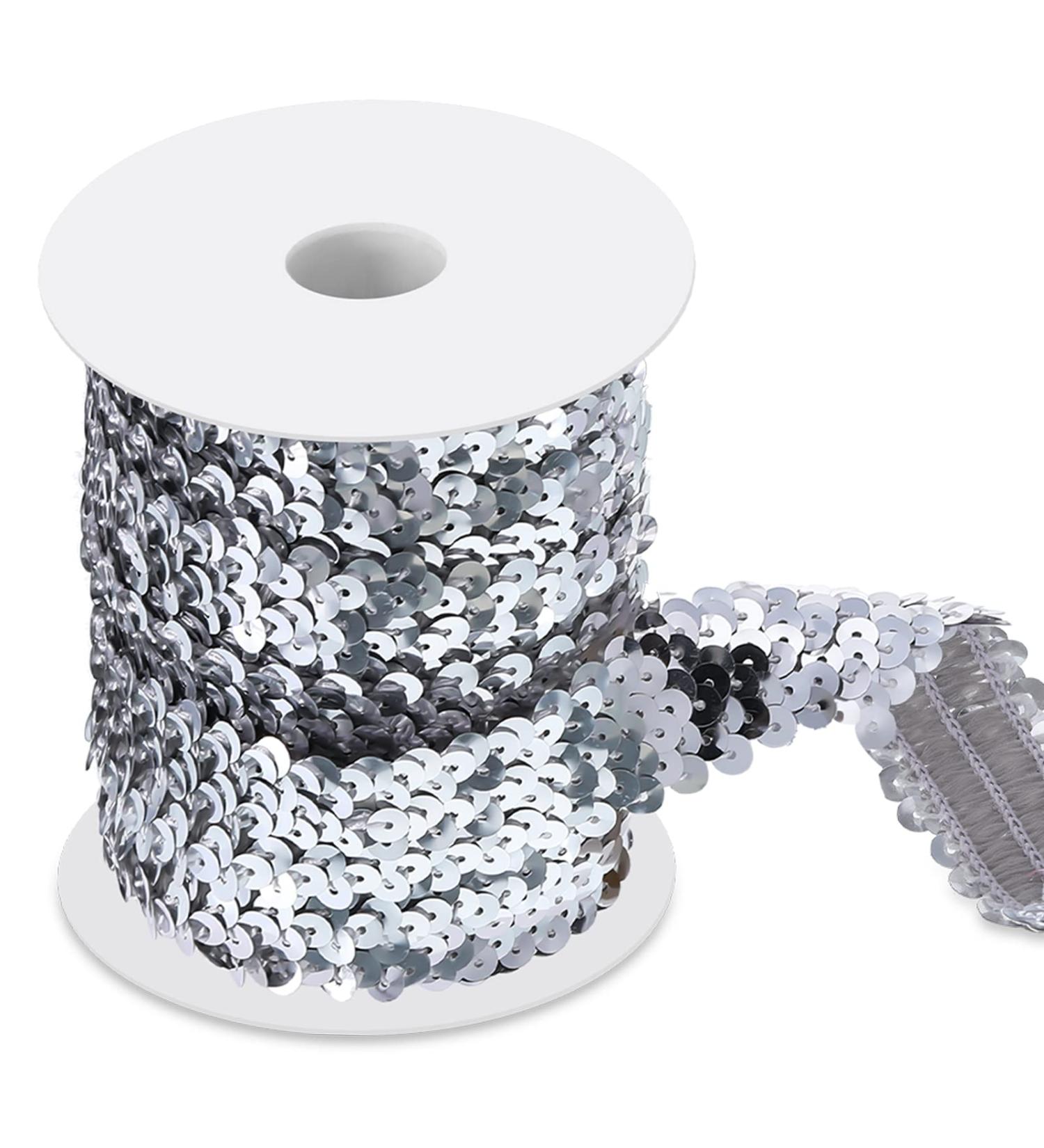 11 Yard 1 Inch Silver Elastic Sequins Trim - 3 Row Glitter Sequin Bling Fabric Ribbon for Crafts & Dress Embellishments - Buy Online on GoSupps.com