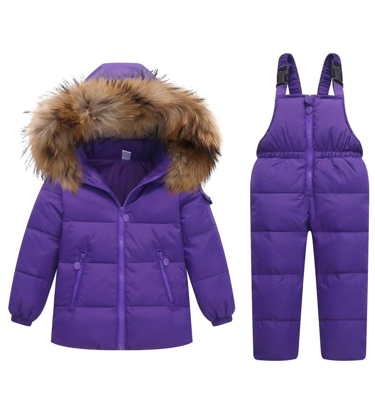 Kids Winter Puffer Jacket & Snow Bib Pants Set | 2-Piece Snowsuit for 3-4 Years | Hooded Down Coat & Snow Pants Outfit | Purple - Buy Online on GoSupps.com
