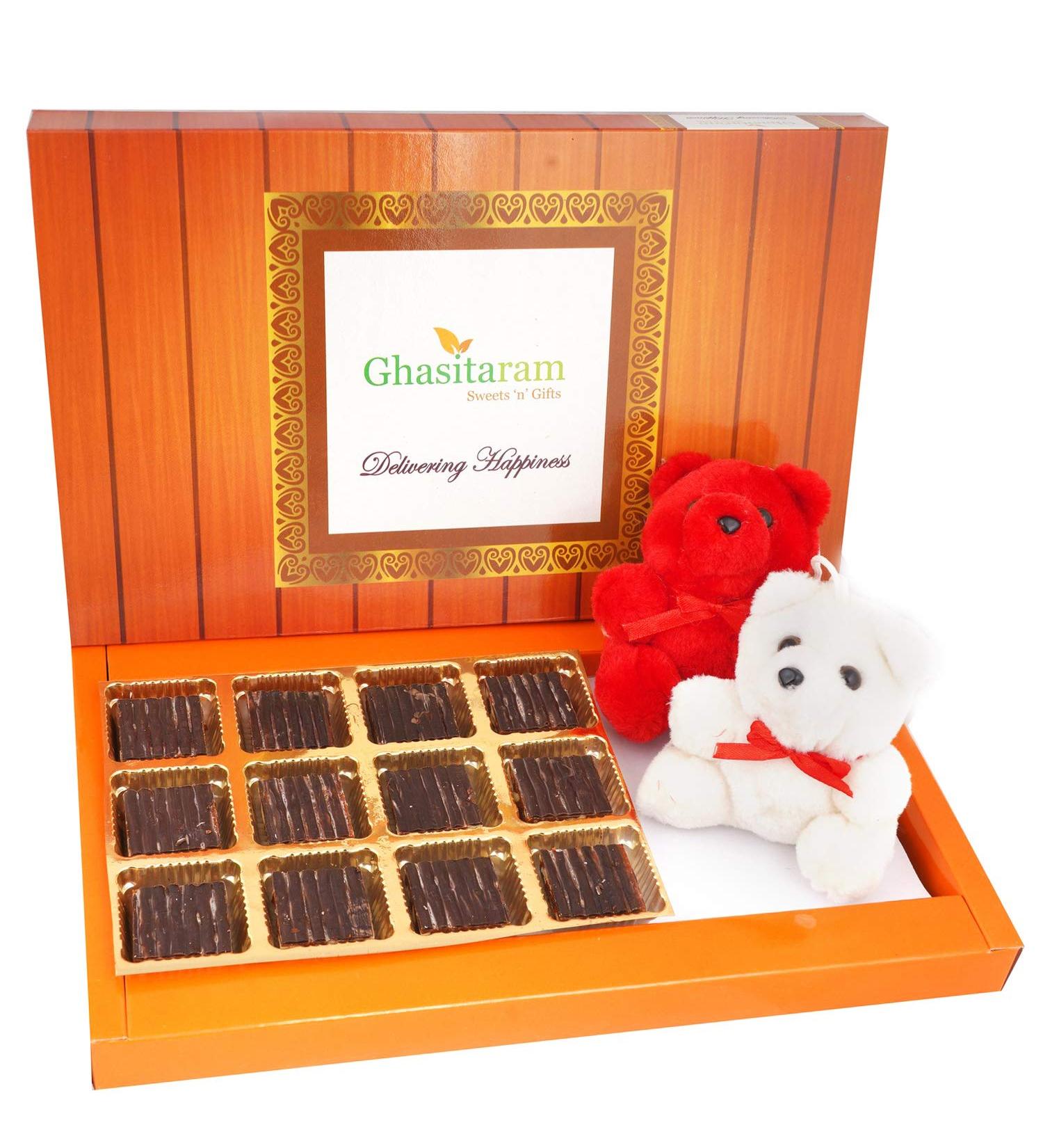 Ghasitaram Gifts Valentines Gift for Girlfriend/Boyfriend/Husband and Wife - Valentine Sweets Cashew Chocolate Barfi and 2 Teddies - Buy Online on GoSupps.com