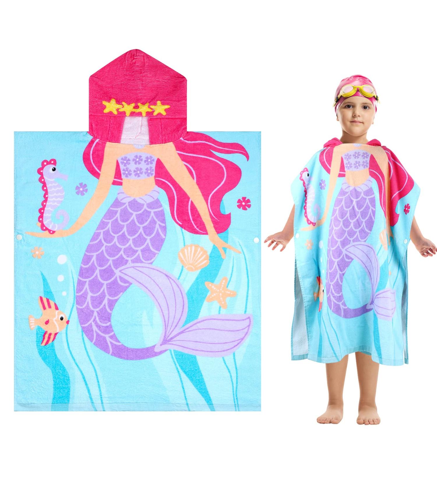 Flyish Direct 100% Cotton Children's Hooded Bathing Poncho & Towel | Mermaid Design | 70x60cm Beach Towel for Boys & Girls - Buy Online on GoSupps.com