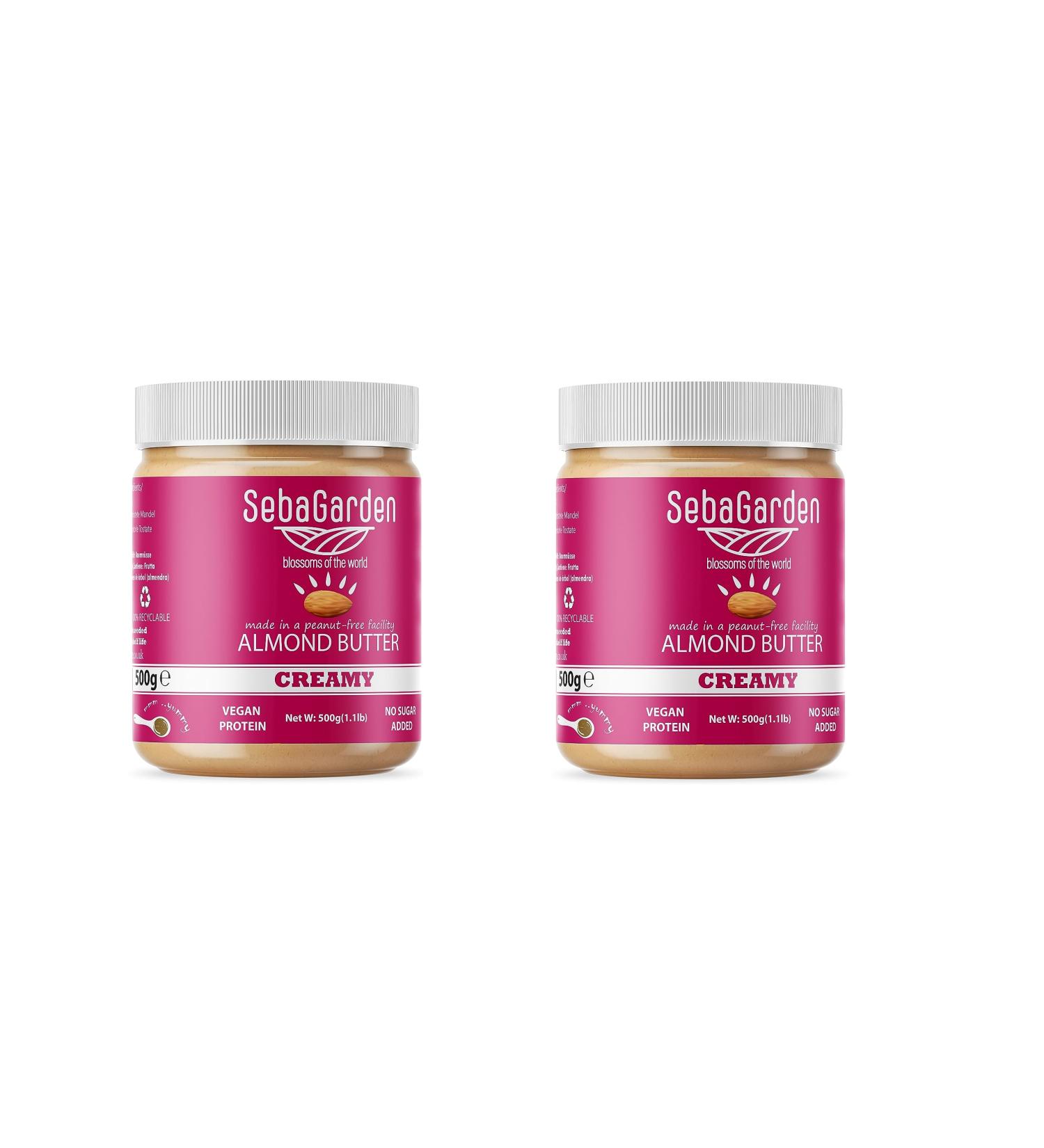 Almondmus Seba Garden 1kg - Pure Natural Creamy Californian Almond Butter Spread | 100% Almonds | Keto & Paleo Friendly | No Sugar Additives (2 Pack) - Buy Online on GoSupps.com