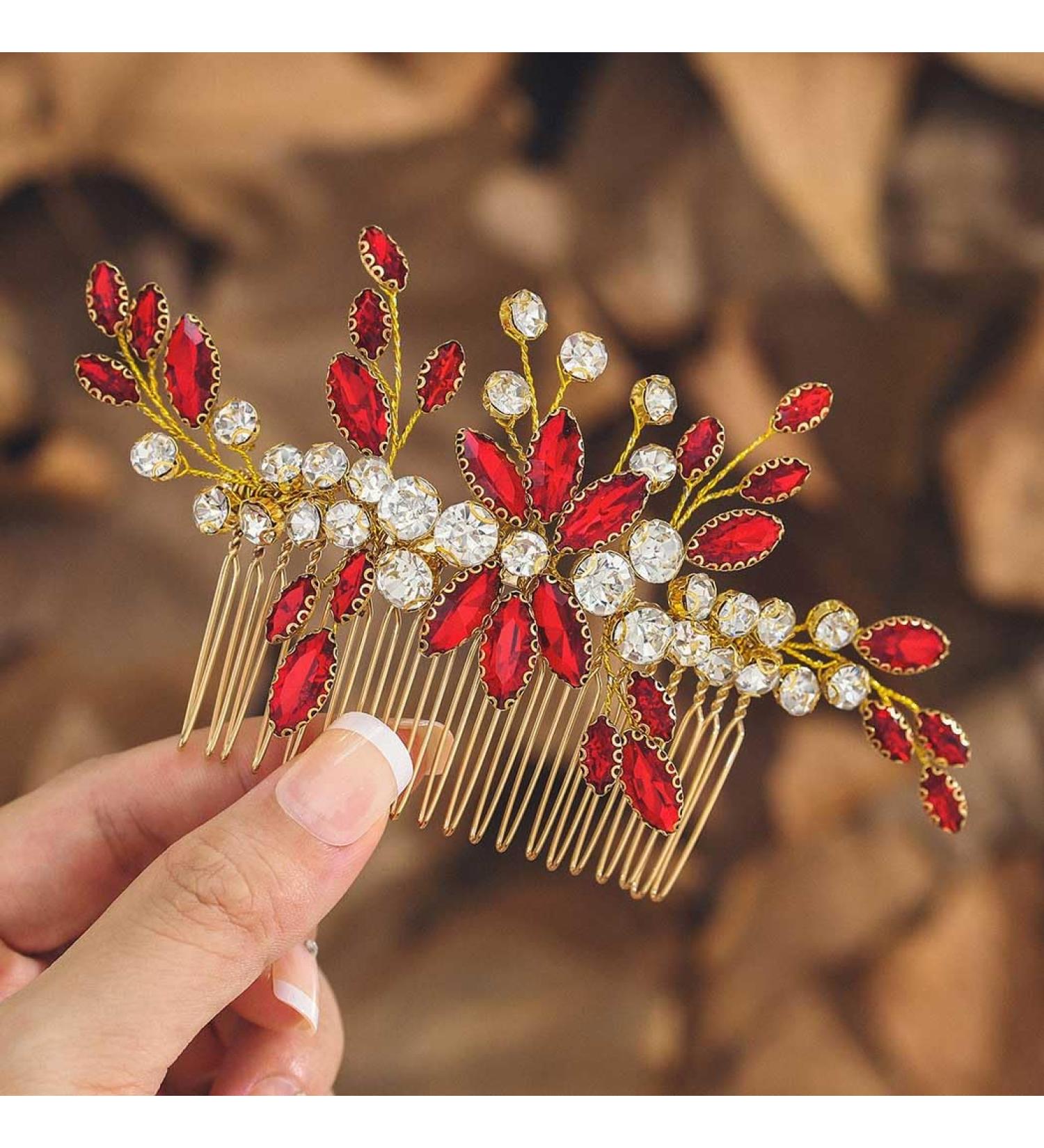 IYOU Rhinestone Bridal Hair Comb Red Crystal Wedding Side Combs Flower Bride Bridesmaid Headpiece for Women - Buy Online on GoSupps.com