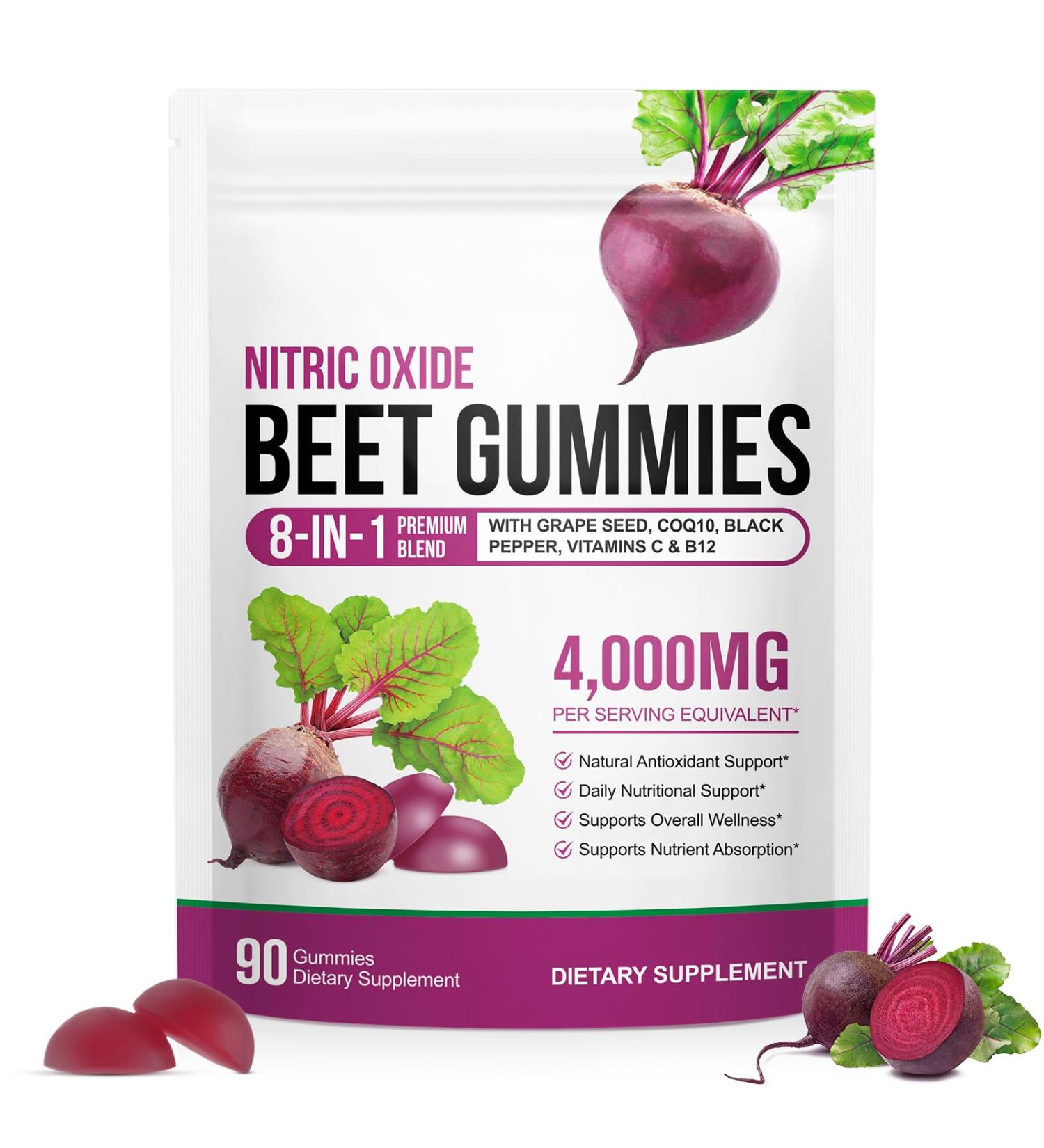 CSDLQNF Beet Root Gummies 4000mg - 8-in-1 Heart & Circulation Support Supplement - High Potency Beet Chews with Beetroot Grape Seed CoQ10 Vitamin C & B12 - Mixed Berry Flavor Vegan 90 Count - Buy Online on GoSupps.com