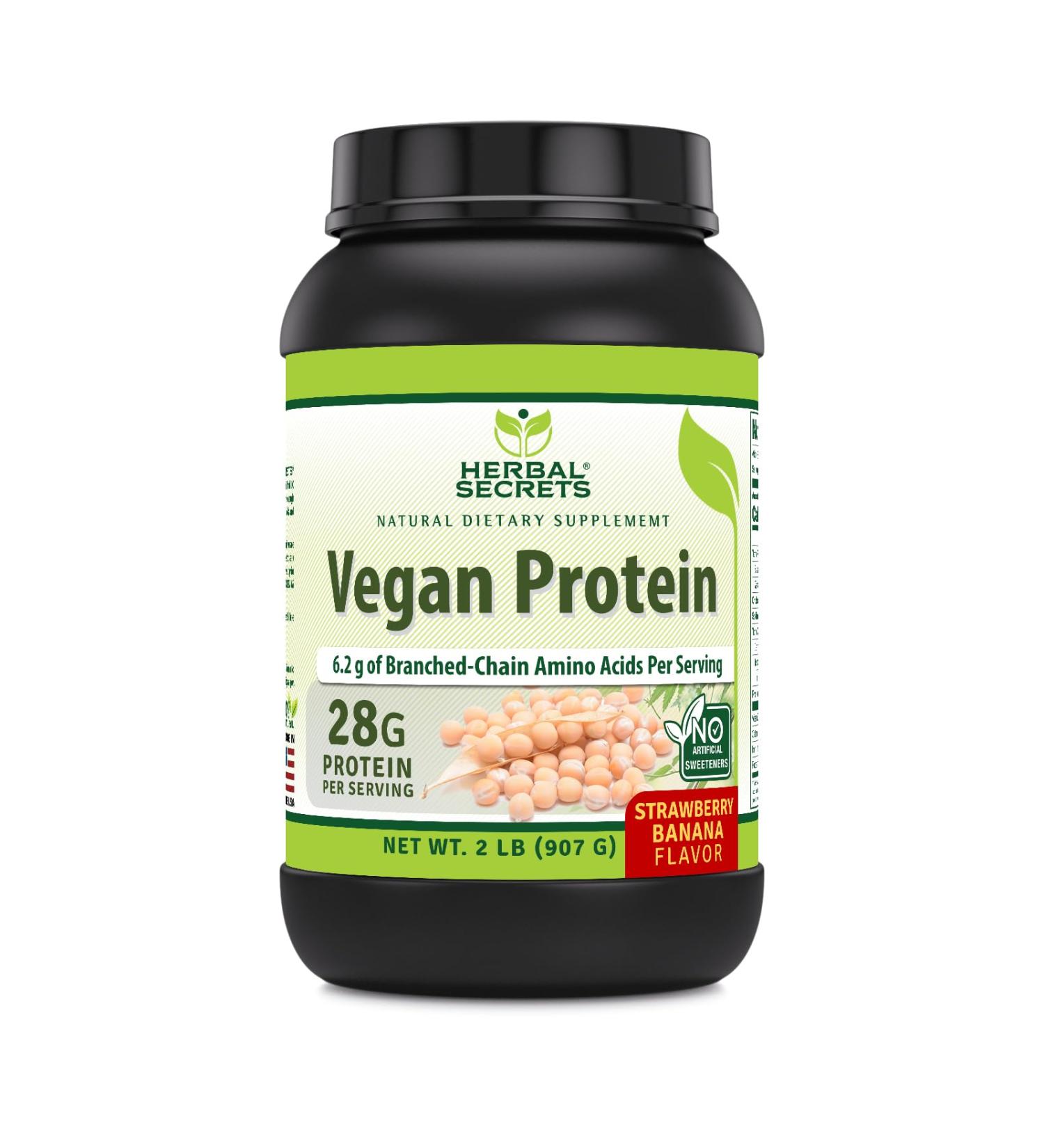 Herbal Secrets Vegan Protein - 28g Protein 23 Servings 6.2g BCAA Strawberry Banana Made in USA - 2 lb - Buy Online on GoSupps.com