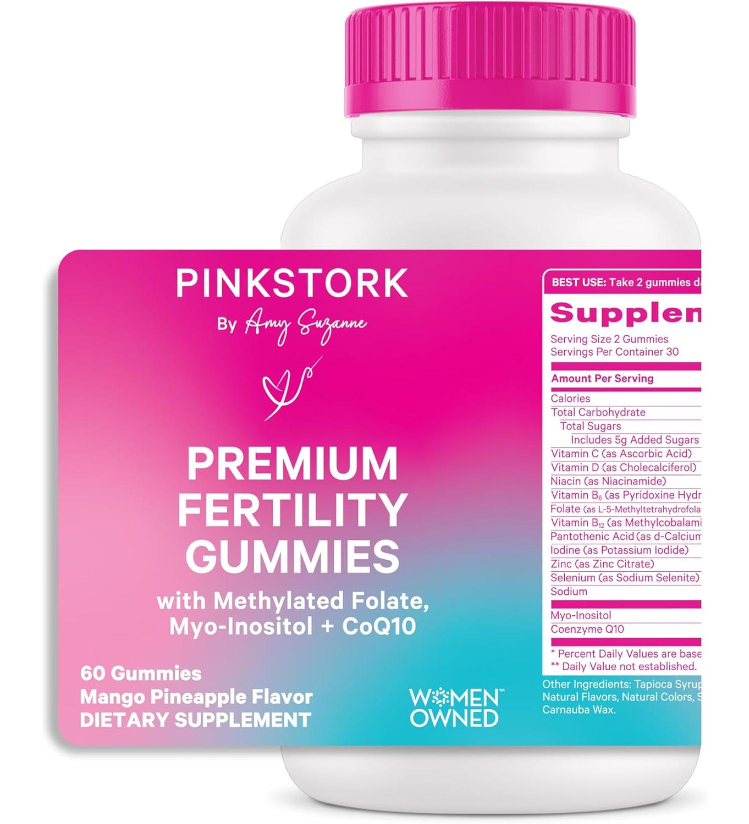 Pink Stork Premium Fertility Gummies for Women - Prenatal Conception Supplements for Her with Inositol, CoQ10, Folate and Vitamins to Support Hormone Balance, Ovulation + Menstrual Cycle, 60 Gummies - Buy Online on GoSupps.com