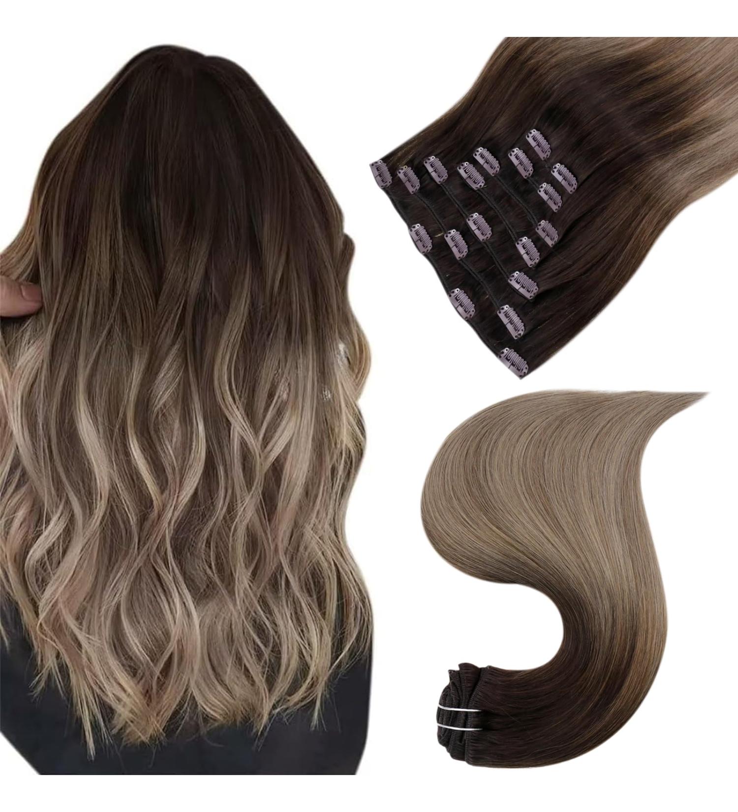 Easyouth Balayage Brown Clip in Hair Extensions - 18 Inch, 7Pcs, 120g - Ombre Brown to Blonde - Double Weft Human Hair Extensions - Clip #2/6/18 - Buy Online on GoSupps.com
