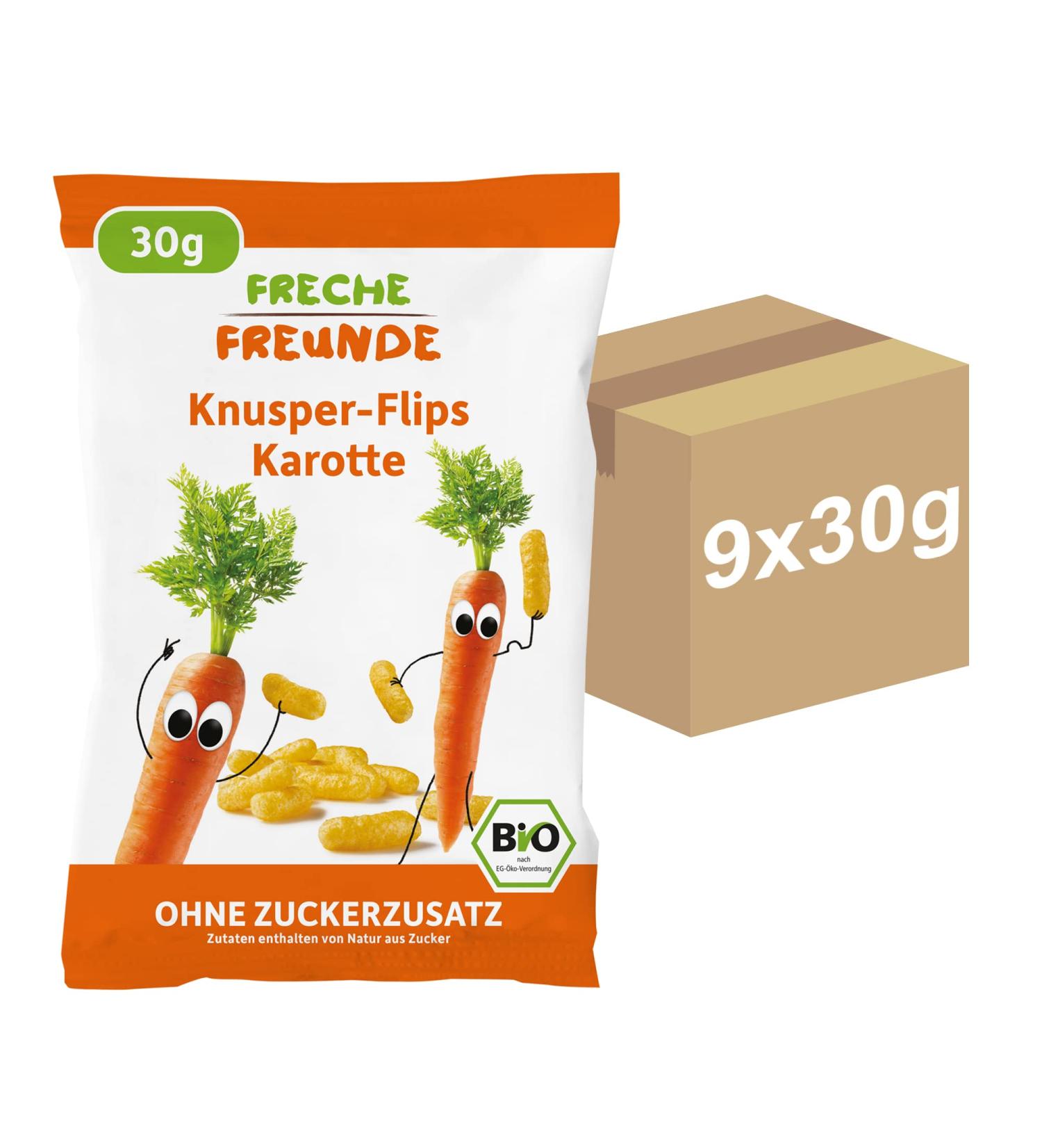 FRECHE FREUNDE Organic Crispy Carrot Flips | No Added Sugar Vegan Snack for Kids & Babies | 9-Pack (9x30g) - Buy Online on GoSupps.com