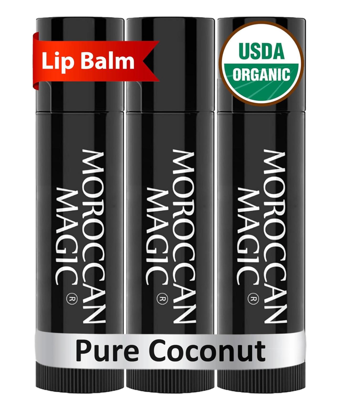 Moroccan Magic Organic Coconut Lip Balm 3 Pack - Cold Pressed Argan and Essential Oils, Smooth Application, Non-Toxic, Cruelty Free - Buy Online on GoSupps.com