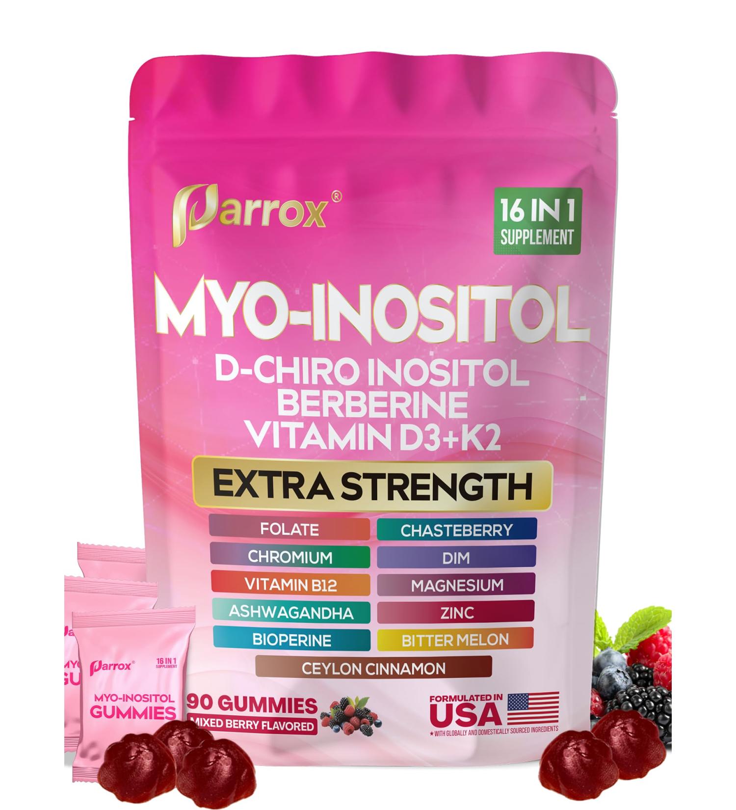 Myo-Inositol & D-Chiro Inositol Gummies with Berberine Vitamins D3+K2 B12 Folate Zinc Magnesium Ashwagandha Chasteberry Bioperine DIM - 16 in 1 Supplement - Mixed Berry Flavor - 90 Gummies - Buy Online on GoSupps.com