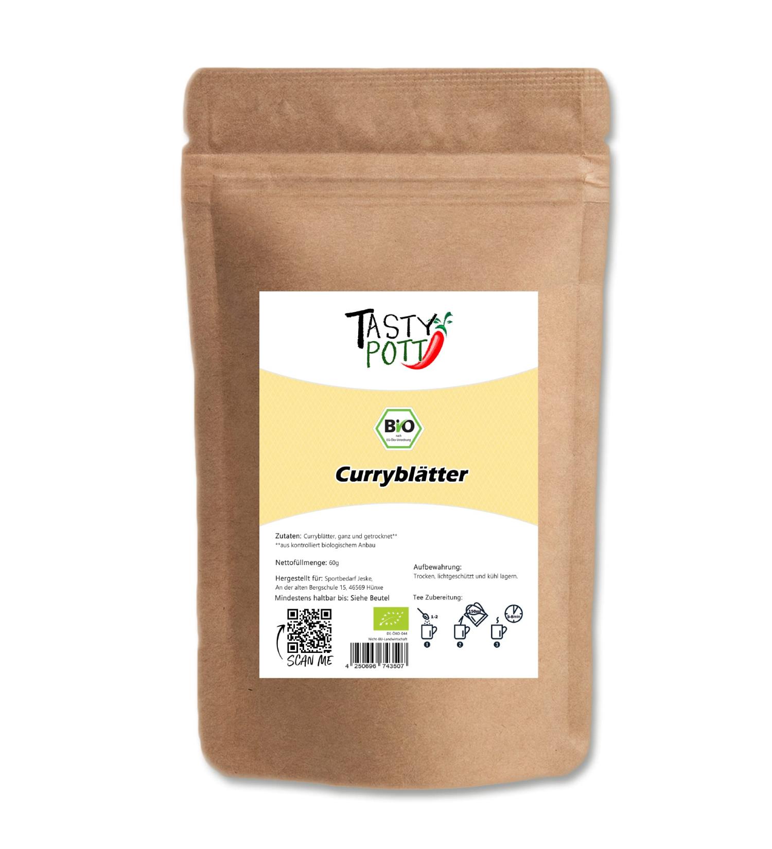 Jeske Sports Supplies Tasty Pott Organic curry leaves dried spices for Chutney stews soups as tea cooking curry vegan cuisine herbal tea leaves in 60 g bag - Buy Online on GoSupps.com