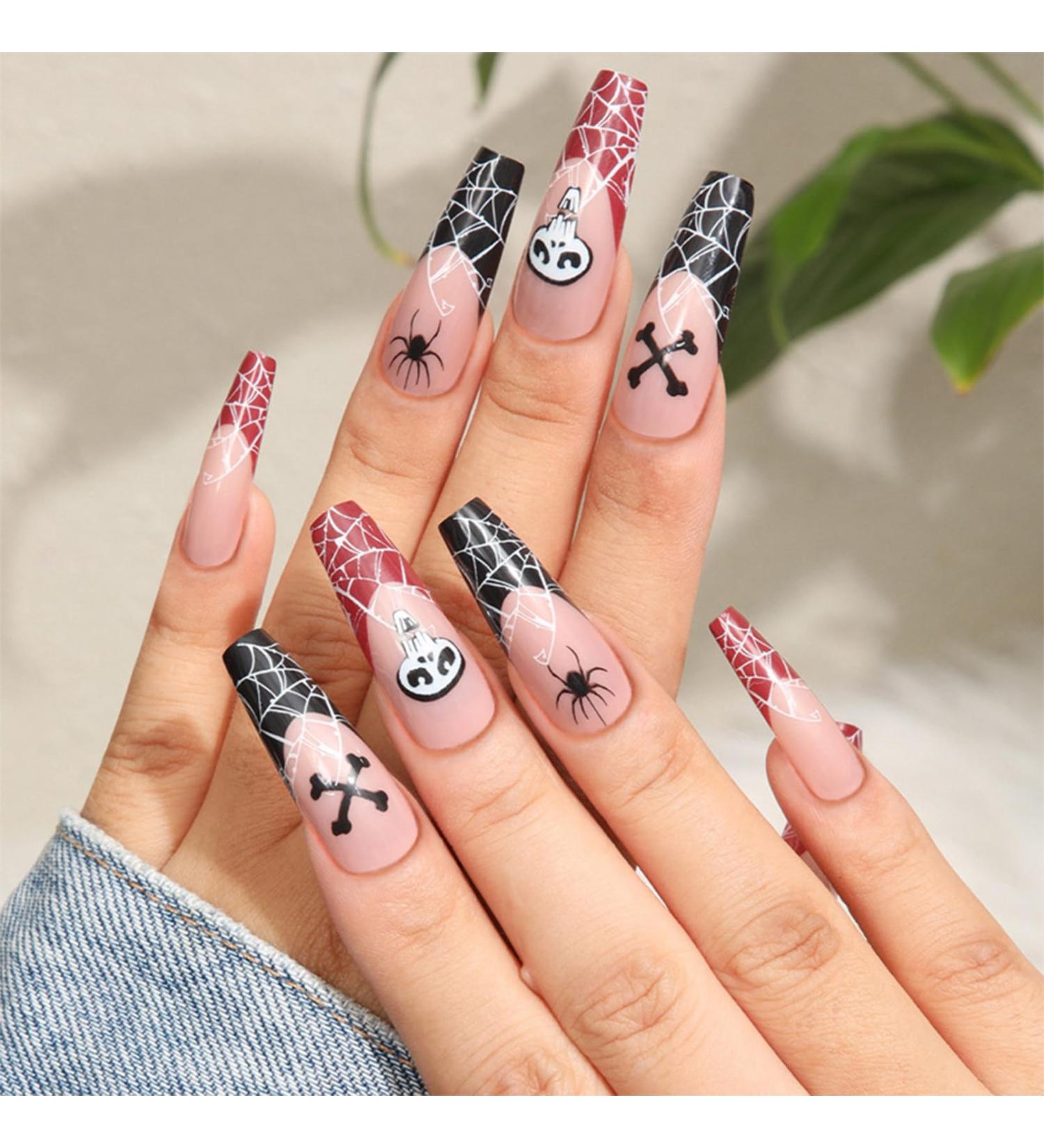 Halloween Ghost Spider Design Coffin False Nails - 24Pcs Long Ballerina Press on Nails - Black & Red Edge - Plastic Diamond Acrylic Stick on Nails for Women and Girls - Buy Online on GoSupps.com