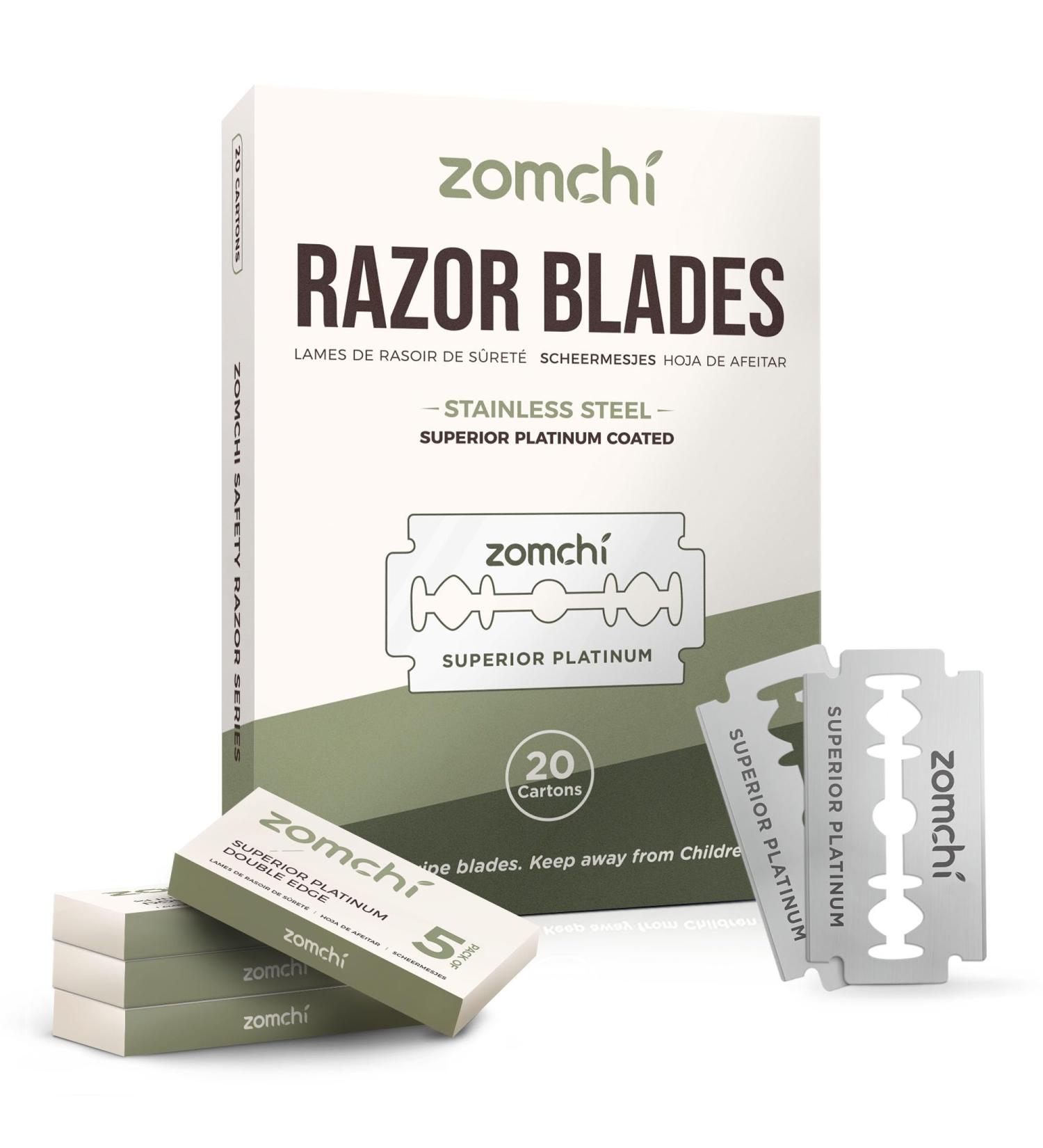 Zomchi Double Edge Razor Blades 2.0 - 100 Count Platinum Stainless Steel Safety Razor Blades for Men & Women - Compatible with All Standard Razors - Buy Online on GoSupps.com