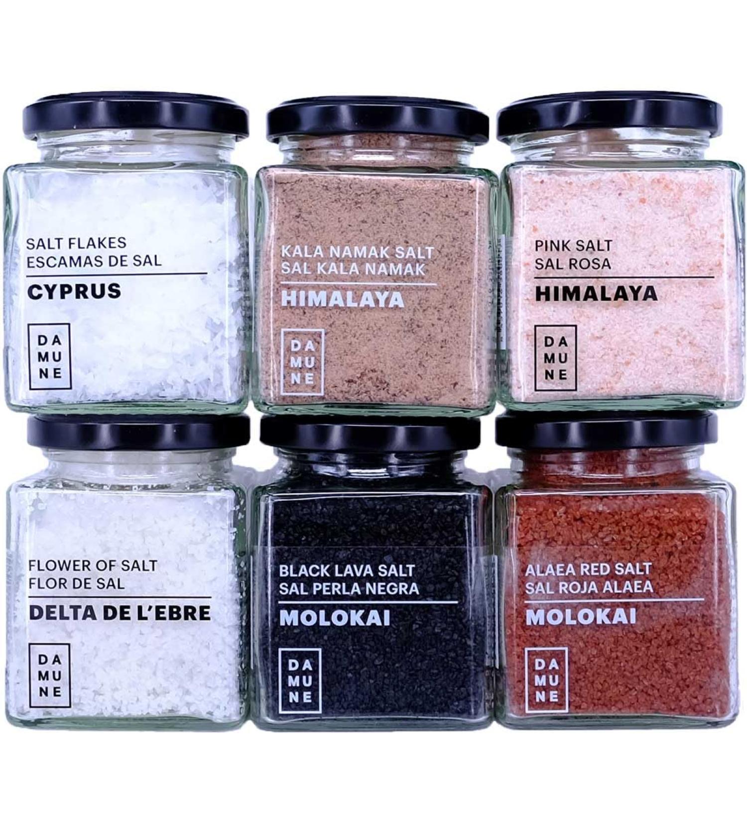 DAMUNE Sels Gourmet: Sel noir Hawaii (200g) Sel rouge Alaea Hawaii (200g) Flocons de sel de Chypre (100g) Fleur de Sel Delta de l'Ebre (150g) Sel Kala Namak (200g) et Sel rose (200g) - Buy Online on GoSupps.com