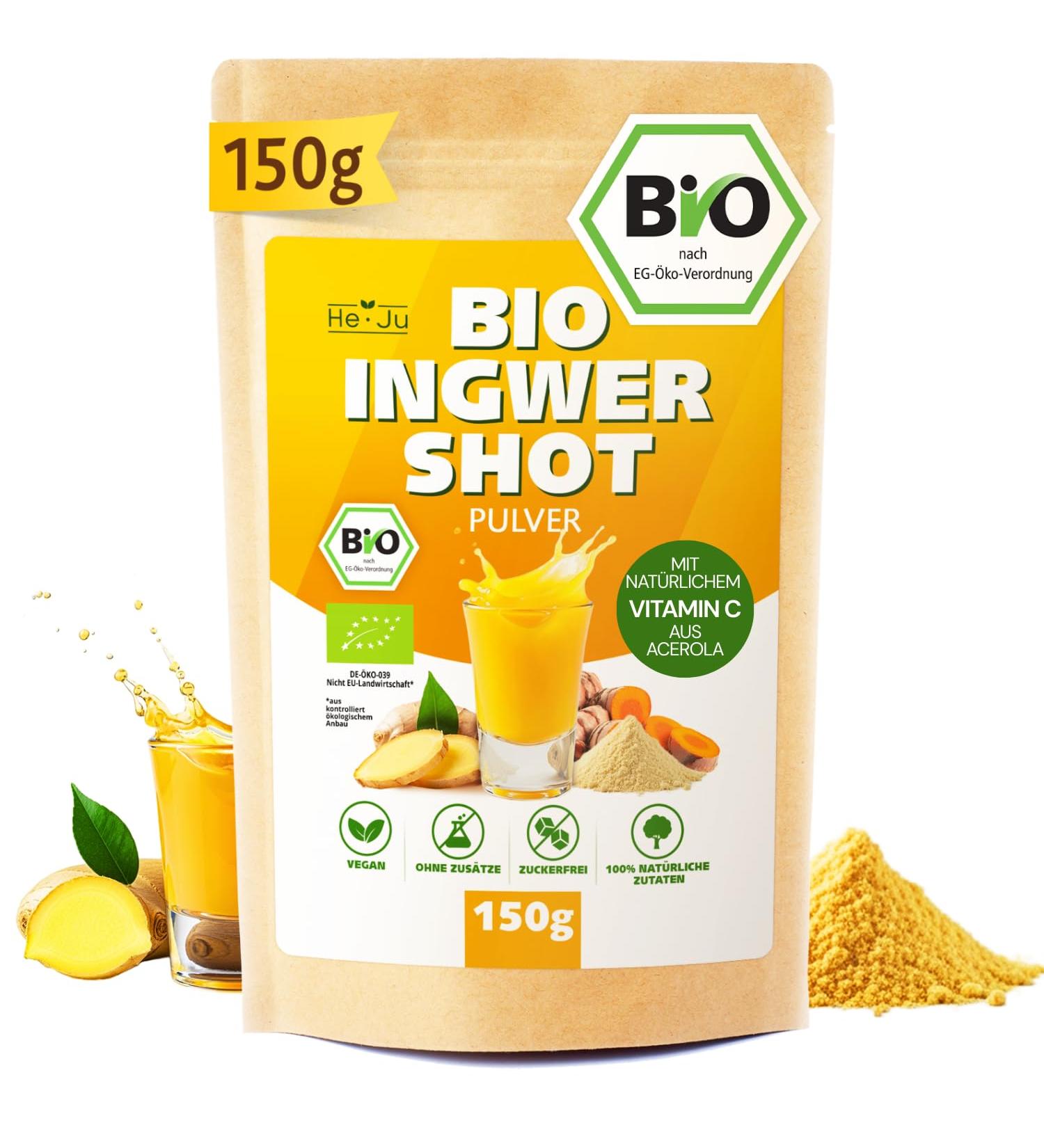  He-Ju He-Ju Bio Ginger Shot Powder 150g (75 Shots) with Natural Vitamin C from Acerola Extra Strong Vegan No Additives Lab Tested Sugar Free 100% Natural Ingredients - Buy Online on GoSupps.com