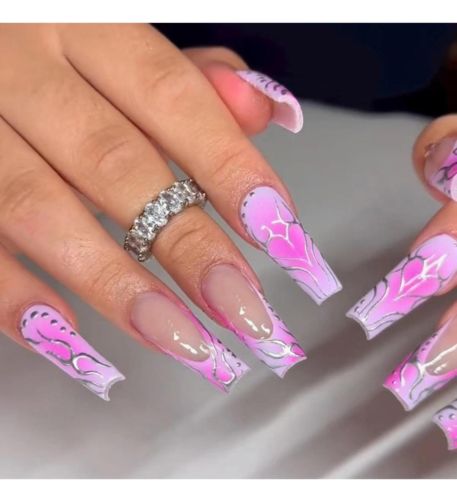 24pc Long Coffin Ballet False Nails Simple Gold Foil Manicure Purple Press On Nail Patch Detachable Wearable Artificial Nail Tip Gold purple