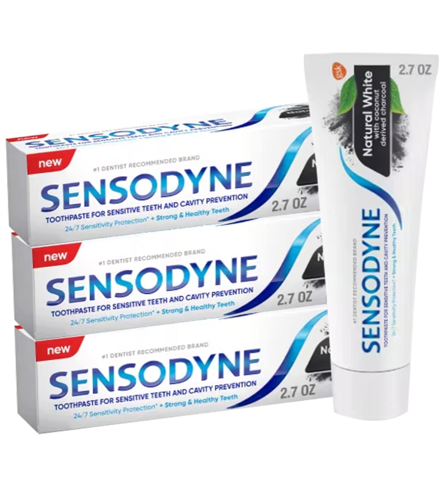 Sensodyne Toothpaste for Sensitive Teeth Natural White with Coconut Derived Charcoal Strong and Healthy Teeth 2.7 Ounce (Pack of 3) Total: 8.1 Ounce