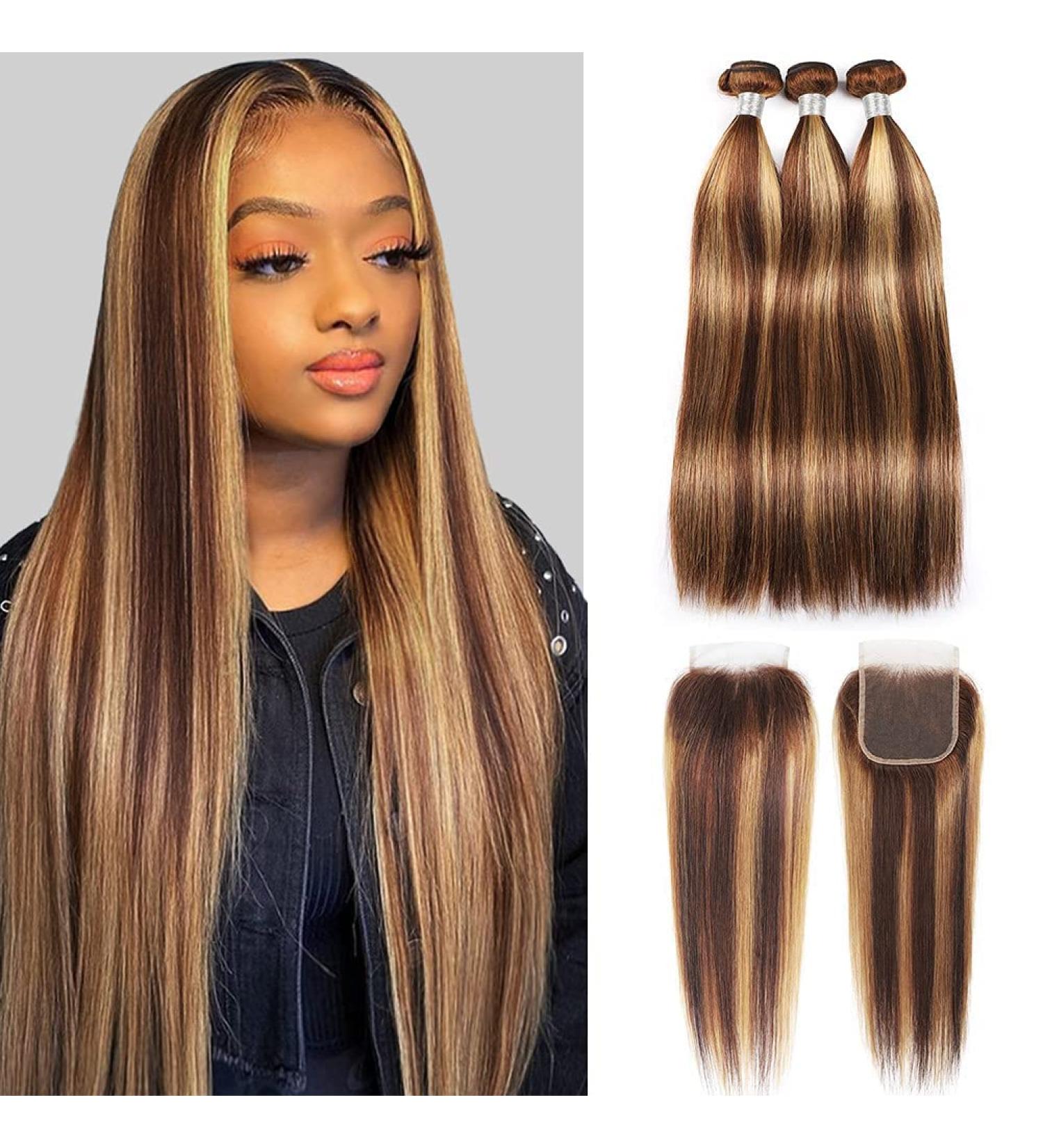 10A Brazilian Straight Ombre Highlight Bundles with Closure - P4/27 Color - 18 20 22 + 16 inch Free Part Closure - Virgin Remy Human Hair - Buy Online on GoSupps.com