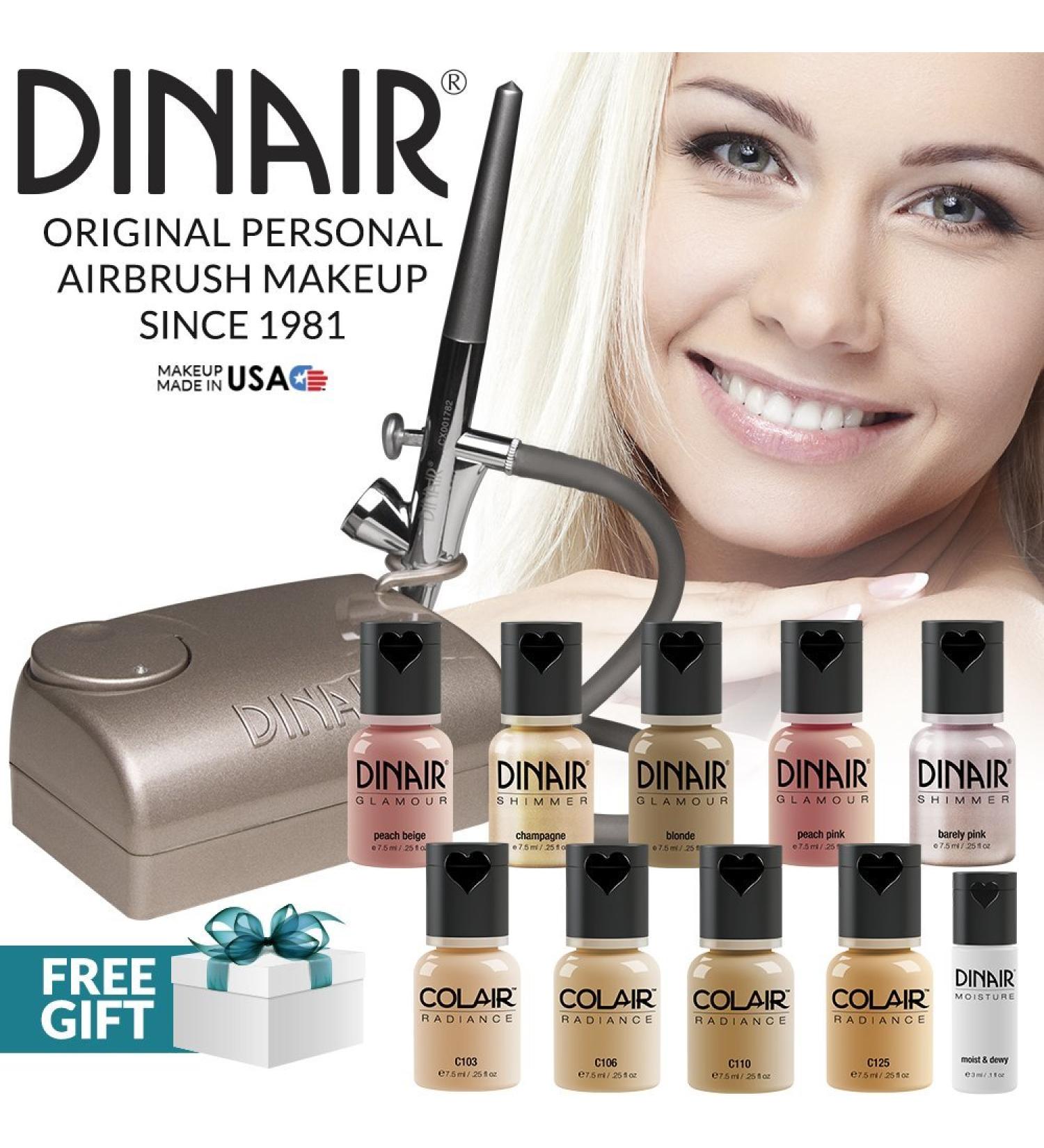 Dinair Professional Natural Look Summer Kit | FAIR Shades | 10pc Airbrush Makeup Set for Foundation, Blush, Shimmer, Concealer, Eyeliner | Includes Shadow/Brow Stencils - Buy Online on GoSupps.com