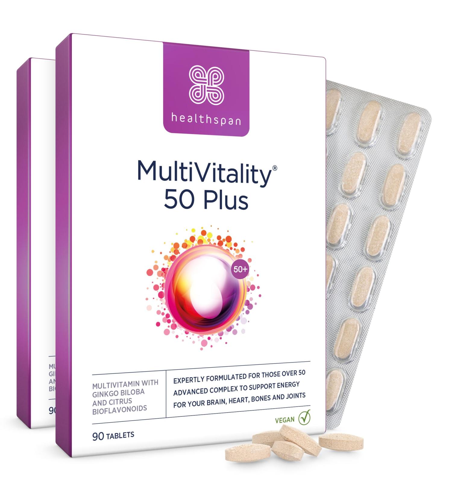 Healthspan Multivitamin 50 Plus | Advance Multivitamin for over-50's | Immune Health Support | 13 Vitamins & 12 Minerals | Ginkgo Biloba & Citrus Bioflavonoids | Vegetarian (180 Tablets) 90 count (Pack of 2) - Buy Online on GoSupps.com