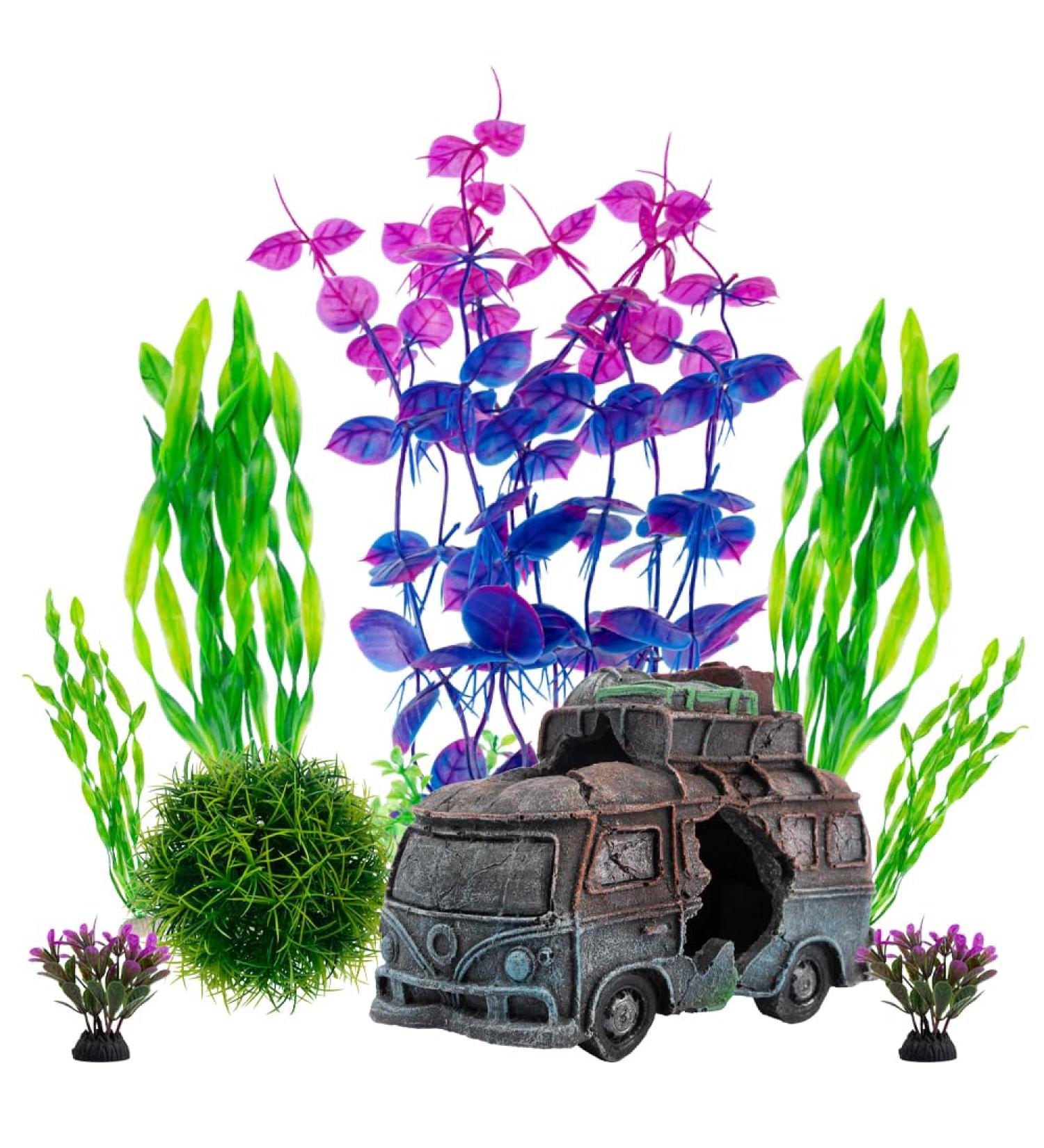 Begondis Underwater Car Aquarium Ornament Set with 8 Plastic Plants | Polyresin Marine Decor for Fish Tanks - Buy Online on GoSupps.com