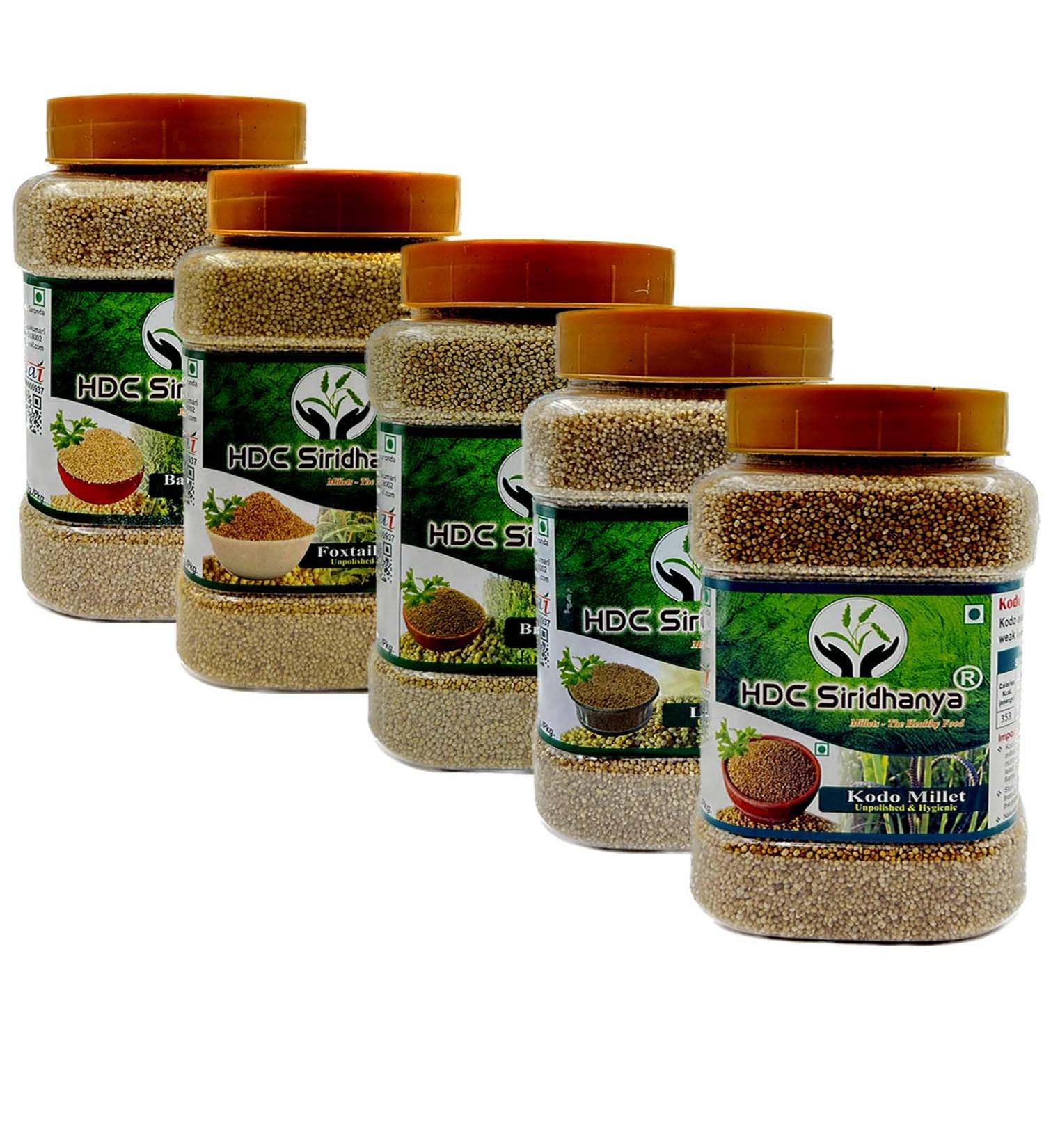Siridhanya unpolished and organic 5 positive millets kodo little browntop foxtail barnyard and browntop Each millet 900gm packed in Jar organically grown from Andhra Pradesh (india) - Buy Online on GoSupps.com