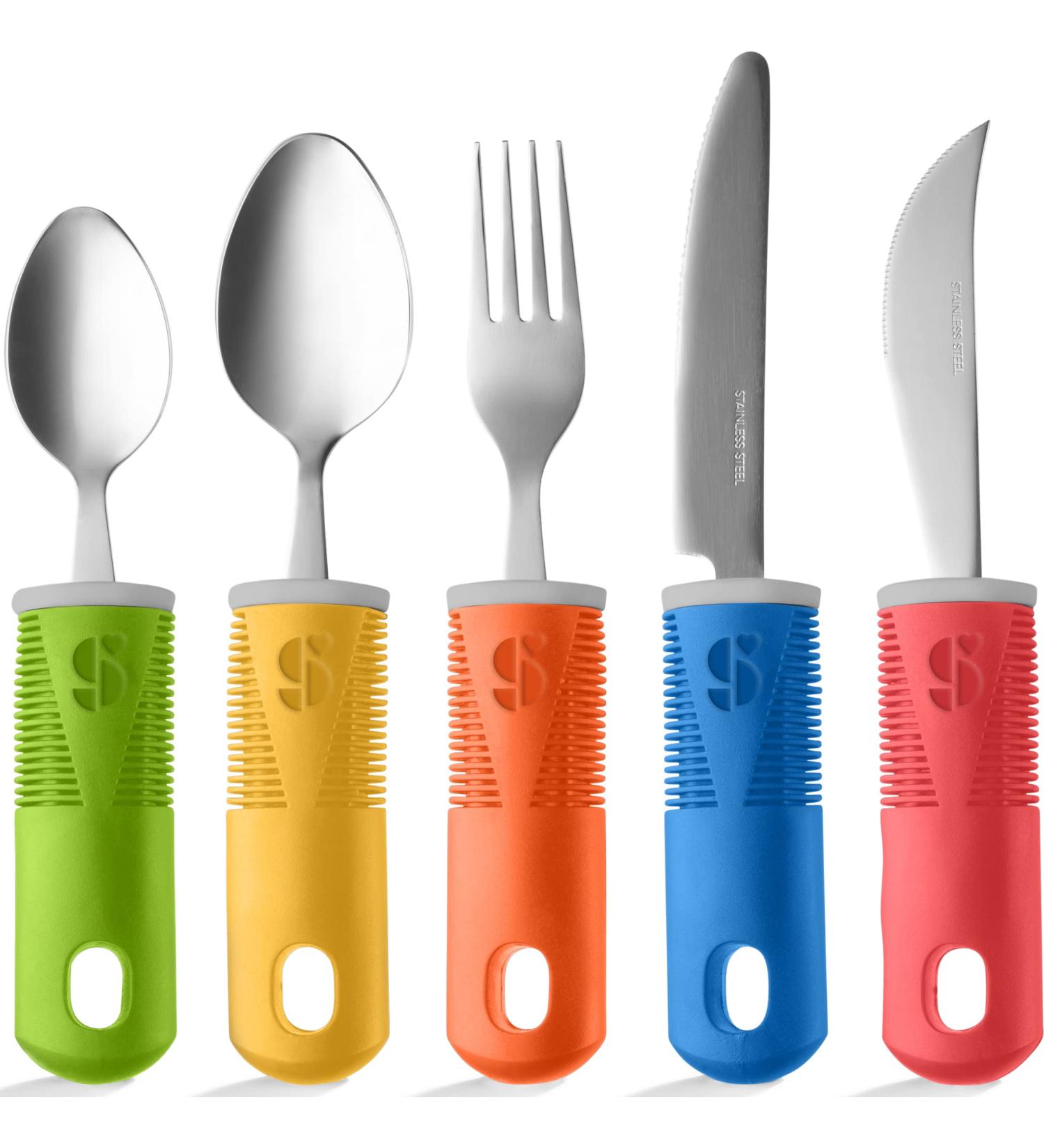 Special Supplies 5-Piece Adaptive Utensils Kitchen Set for Hand Tremors, Arthritis, Parkinson's - Non-Weighted, Non-Slip Handles - Stainless Steel Knives, Fork, Spoons - Colorful - Buy Online on GoSupps.com