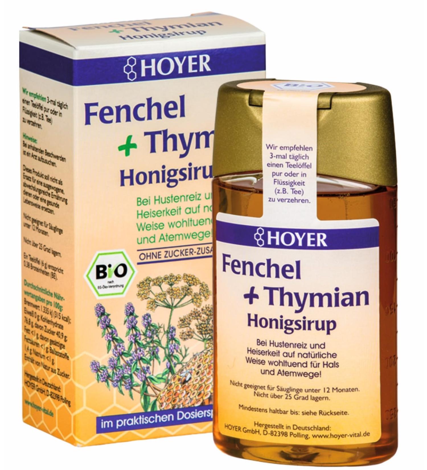 Organic Hoyer Fennel & Thyme Honey Syrup - Soothes Cough & Hoarseness - 250g Dispenser - Buy Online on GoSupps.com