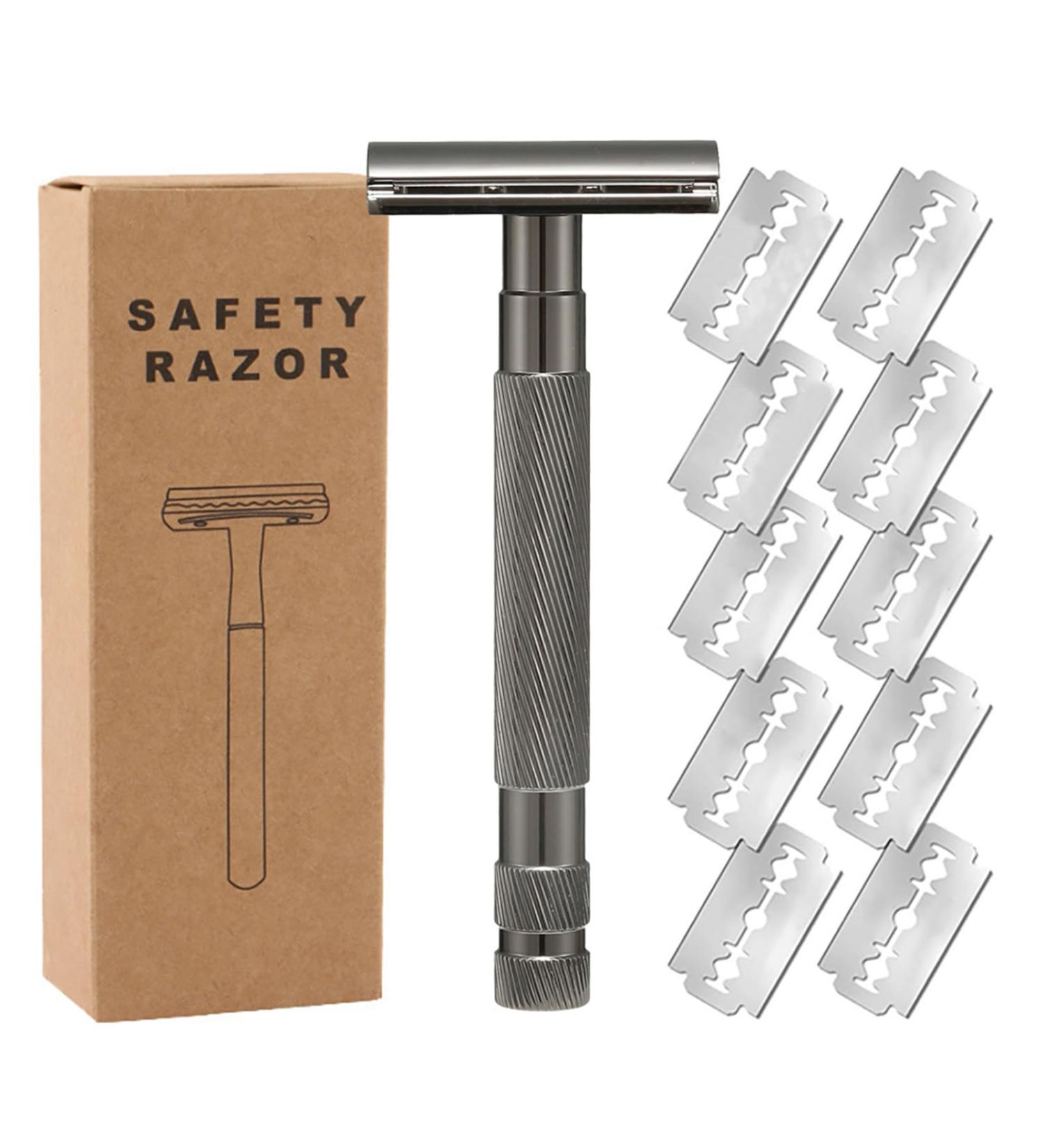 Premium Stainless Steel Manual Wet Razor for Men | Non-Slip Handle + 10 Replacement Blades - Gentle Dual-Sided Shave - Buy Online on GoSupps.com