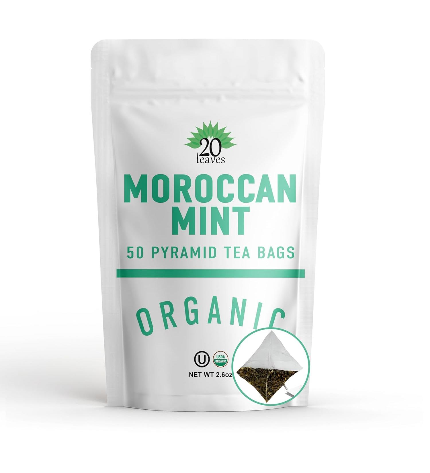 Moroccan Mint Green Tea - 100% Certified Organic - 50 Pyramid Tea Bags Sachets in Resealable Bag - Buy Online on GoSupps.com