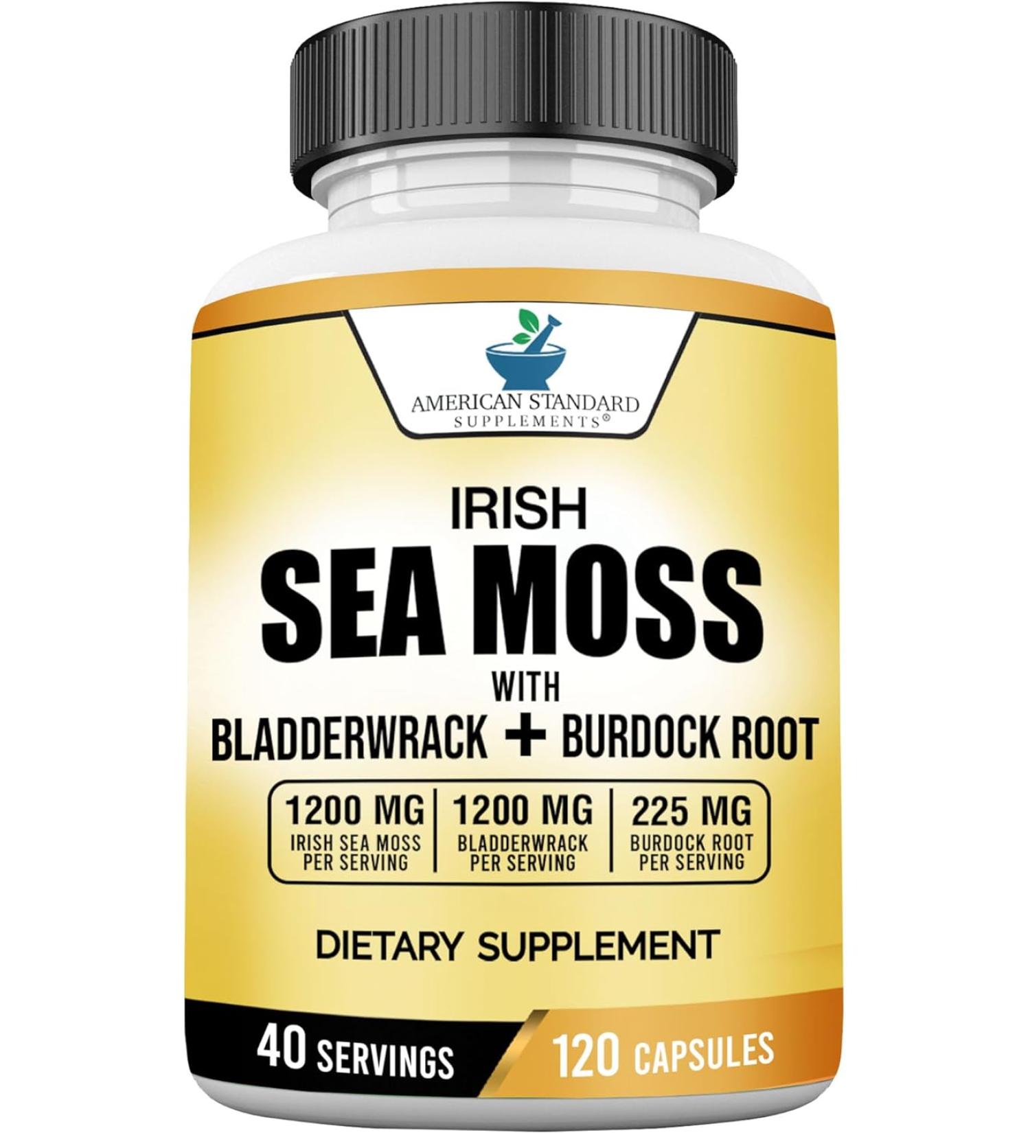 American Standard Supplements Irish Sea Moss, Bladderwrack, and Burdock Root Capsules - 1200mg/1200mg/225mg - Vegan, Gluten Free, Non-GMO - 120 Capsules - Buy Online on GoSupps.com