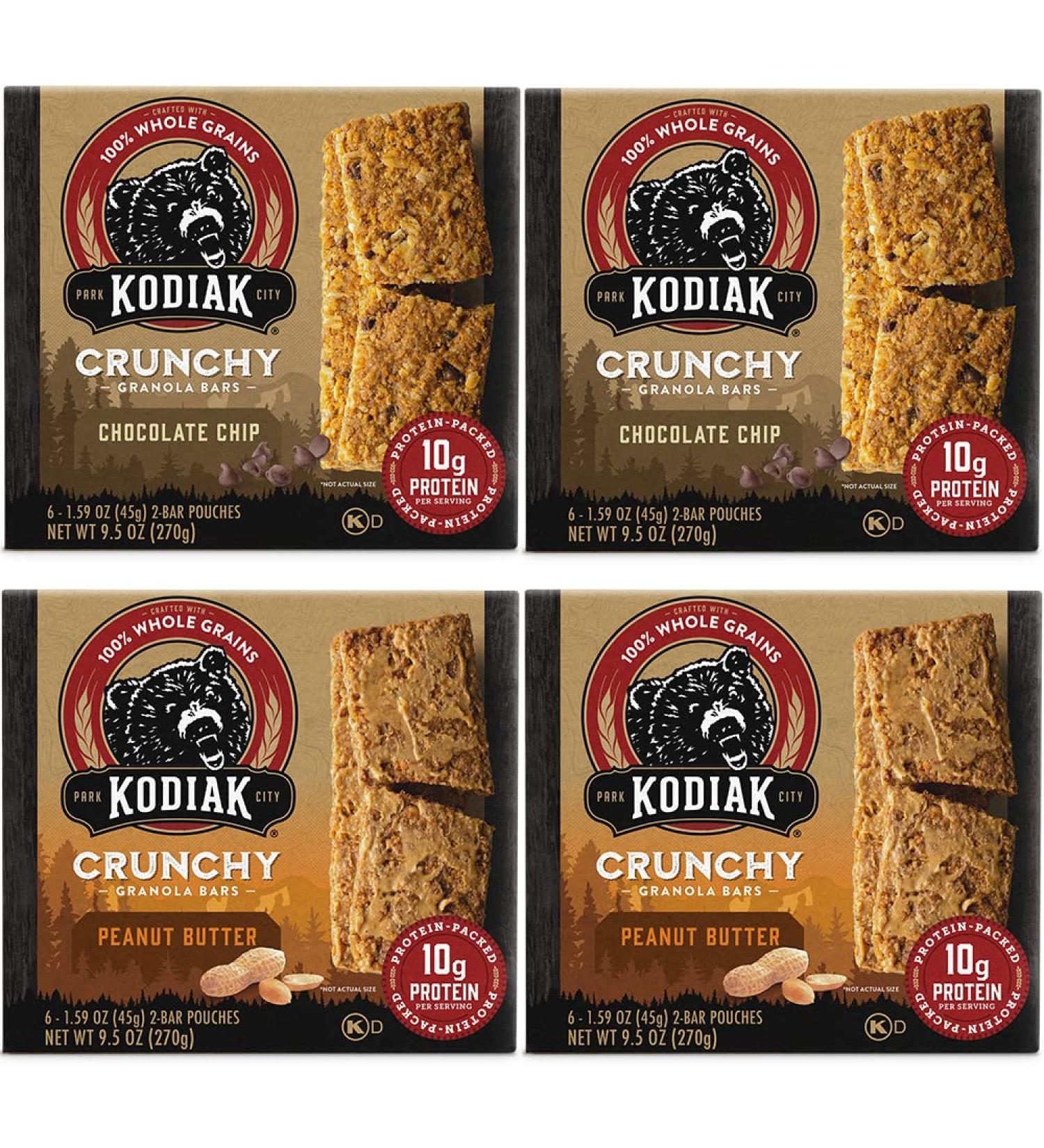 Kodiak Cakes Crunchy Granola Bar Variety Pack - Peanut Butter and Chocolate Chip - High Protein Snack - 100% Whole Grain - 24 Pouches - Buy Online on GoSupps.com