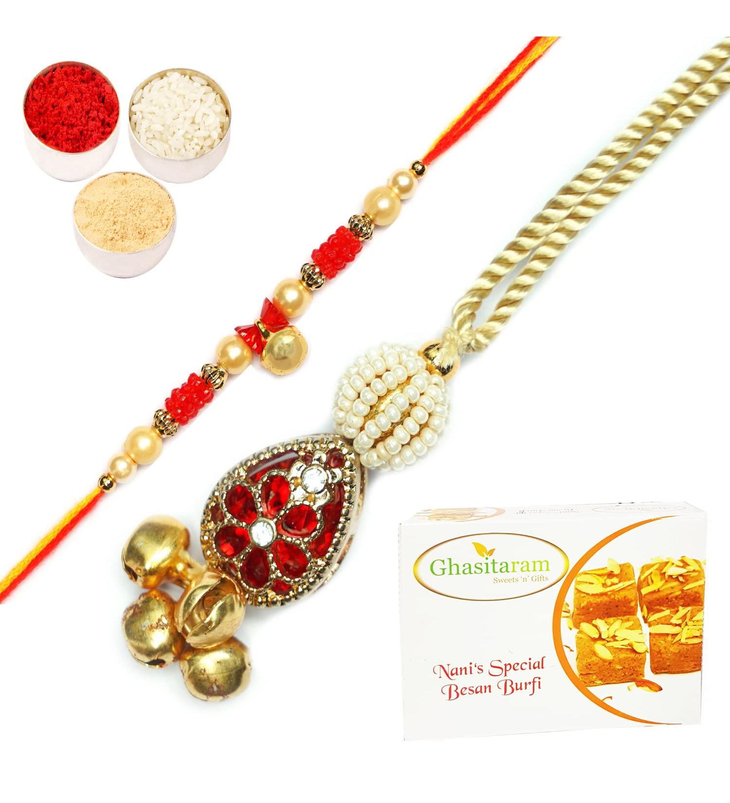 Ghasitaram Gifts Rakhis Online - Rakhi for Brother- RM- 157 Bhaiya Bhabhi Rakhi with 200 GMS of Besan Barfi Rakhi Set with 200 gms of Besan Barfi - Buy Online on GoSupps.com