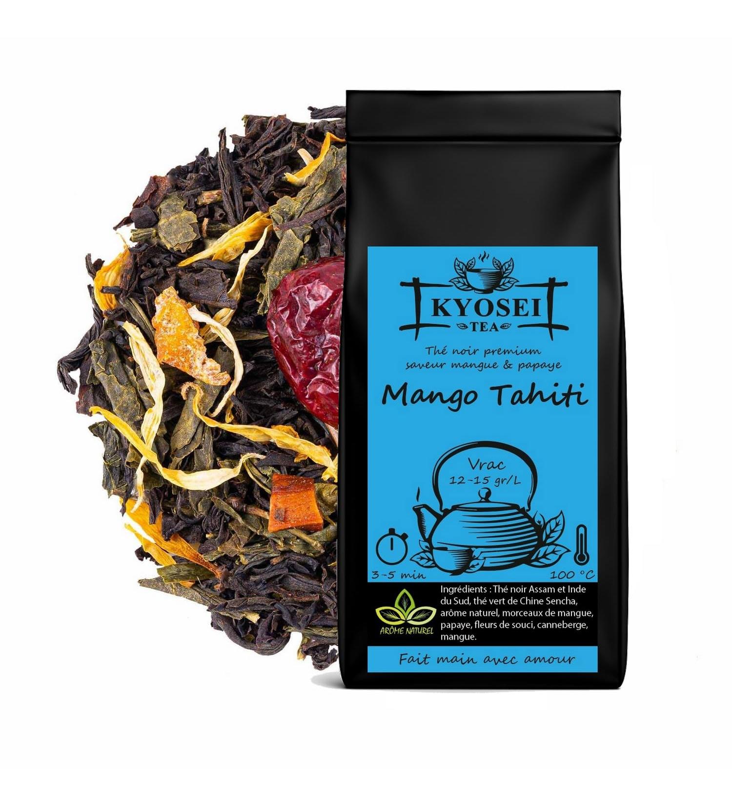 Kyosei Tea Th Noir Premium Mango Tahiti 100g Vrac Assam & Inde du Sud avec Th Vert Sencha Mangue Papaye & Orange M lange Exotique & Gourmand issu de l Agriculture Durable